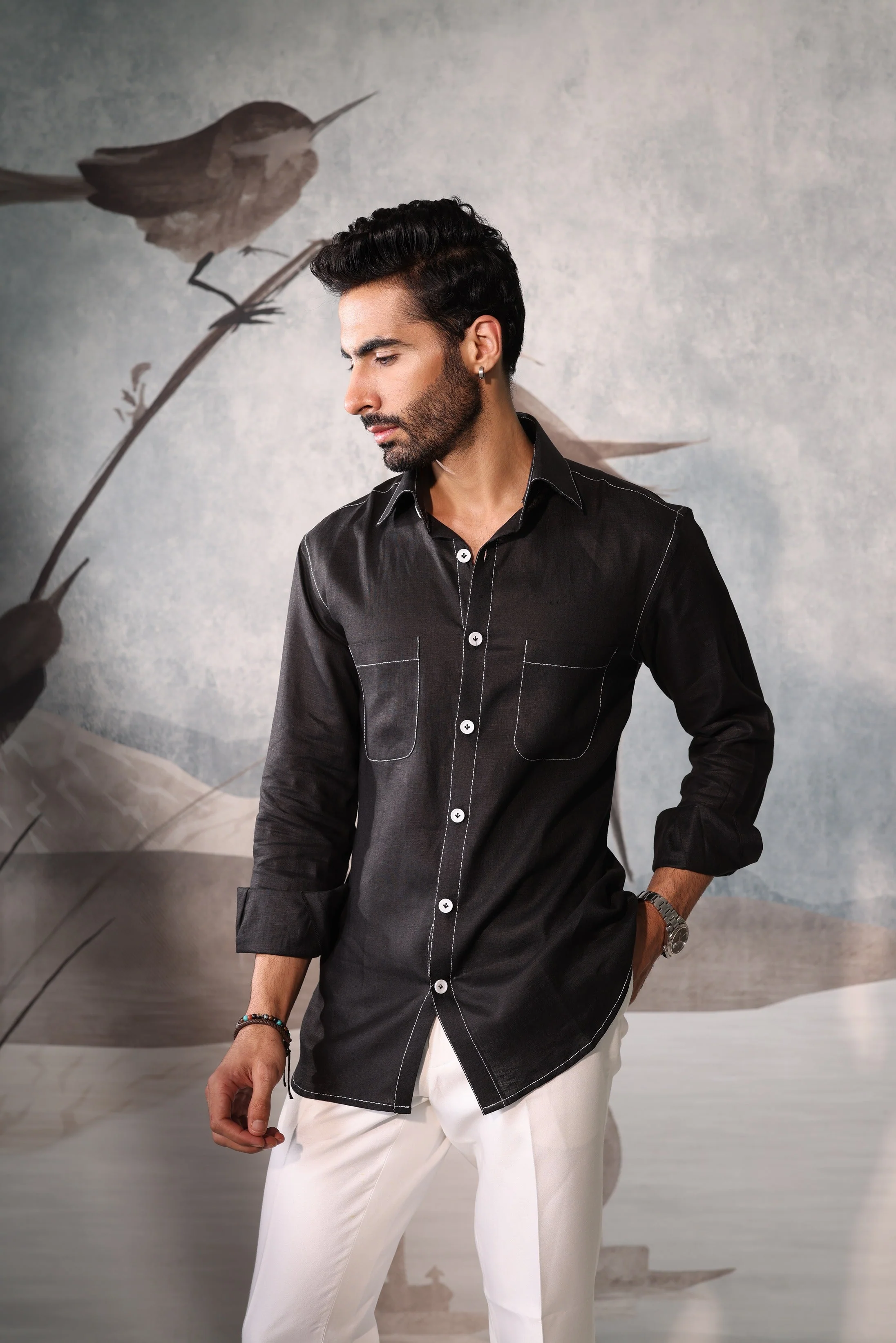 4 pocket linen Black shirt - Image 3