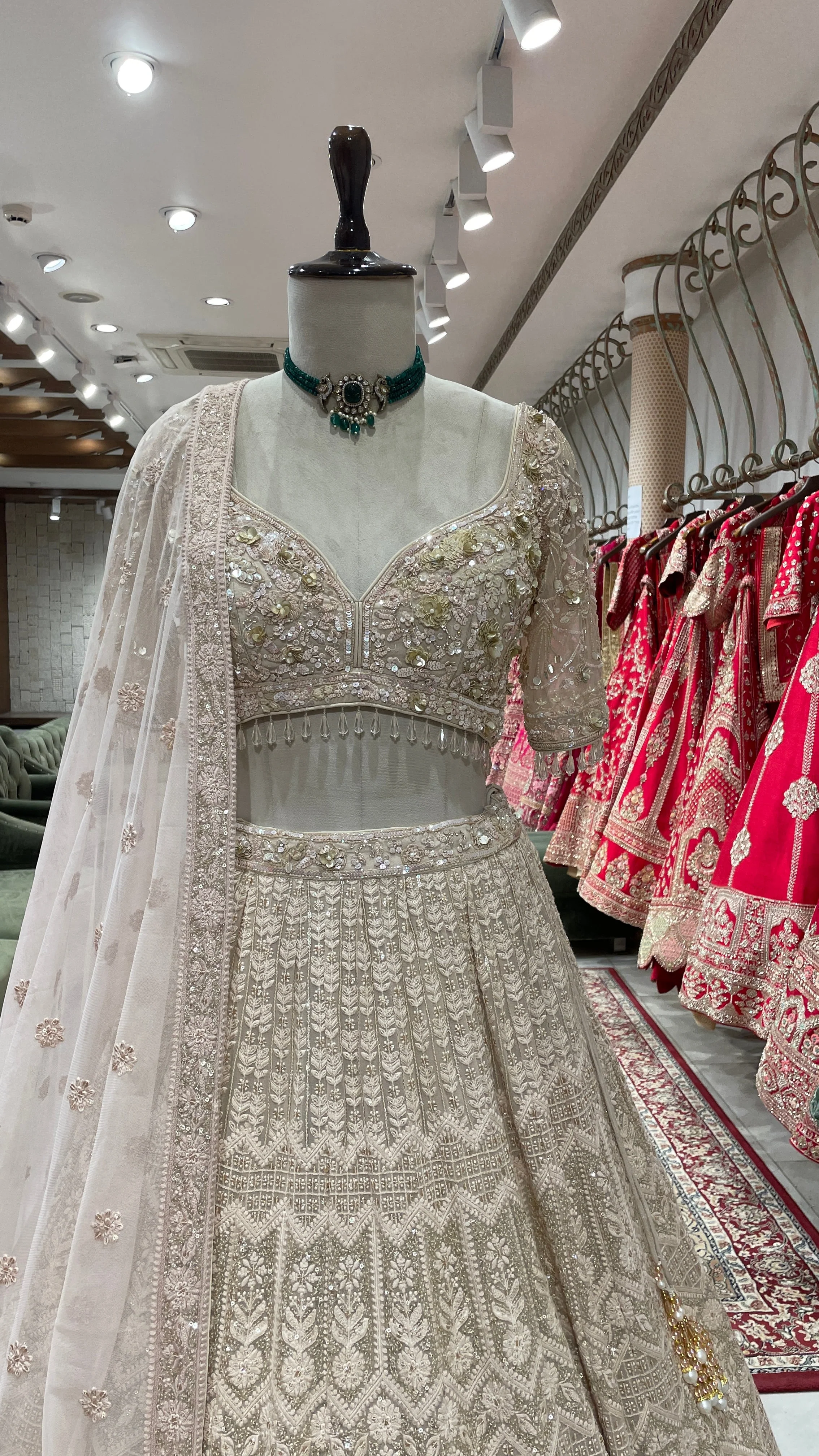 Beige colour lehenga with white and gold thread and sequins work - Image 2
