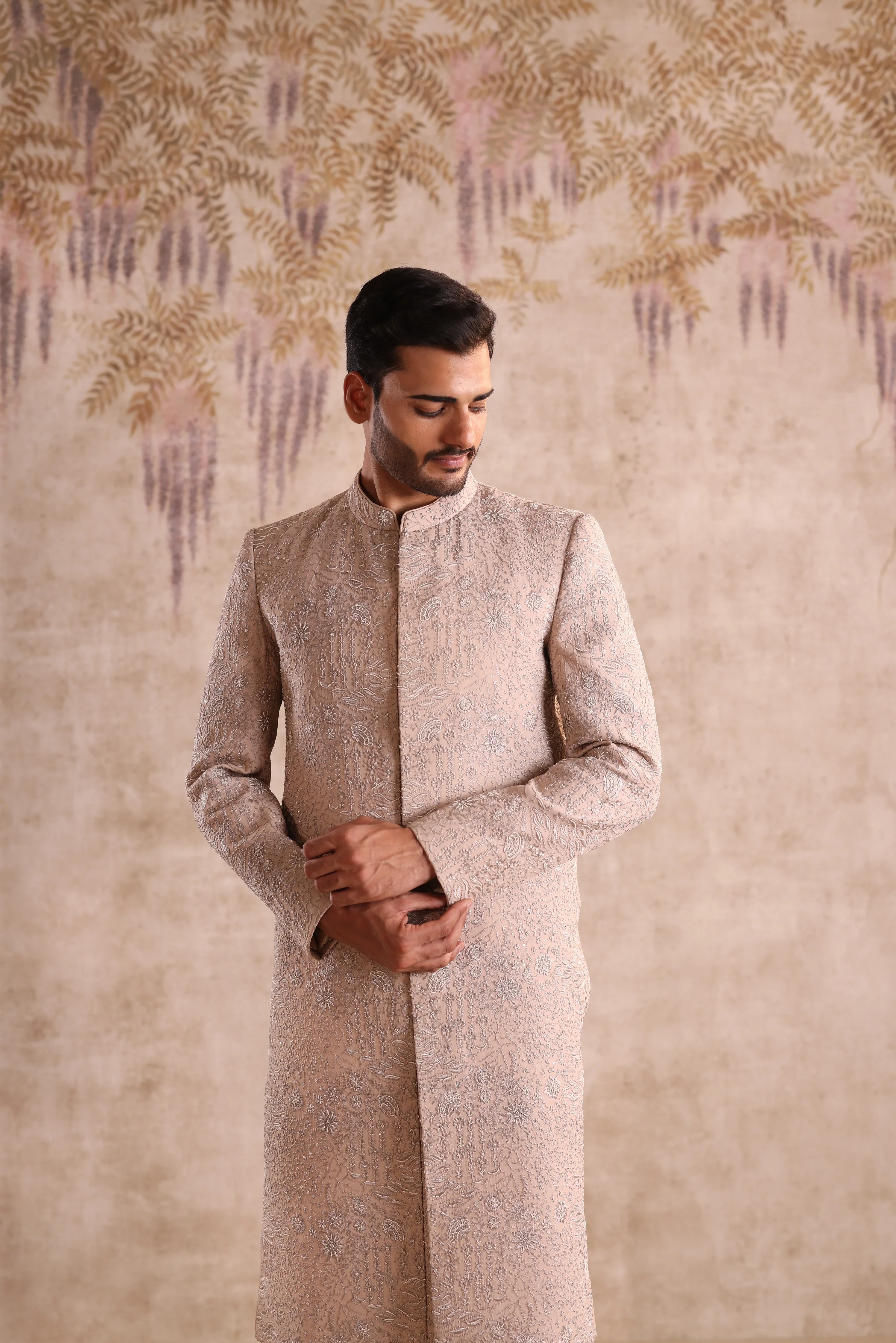 Beige Sherwani highlight with beads embroidery - Image 2