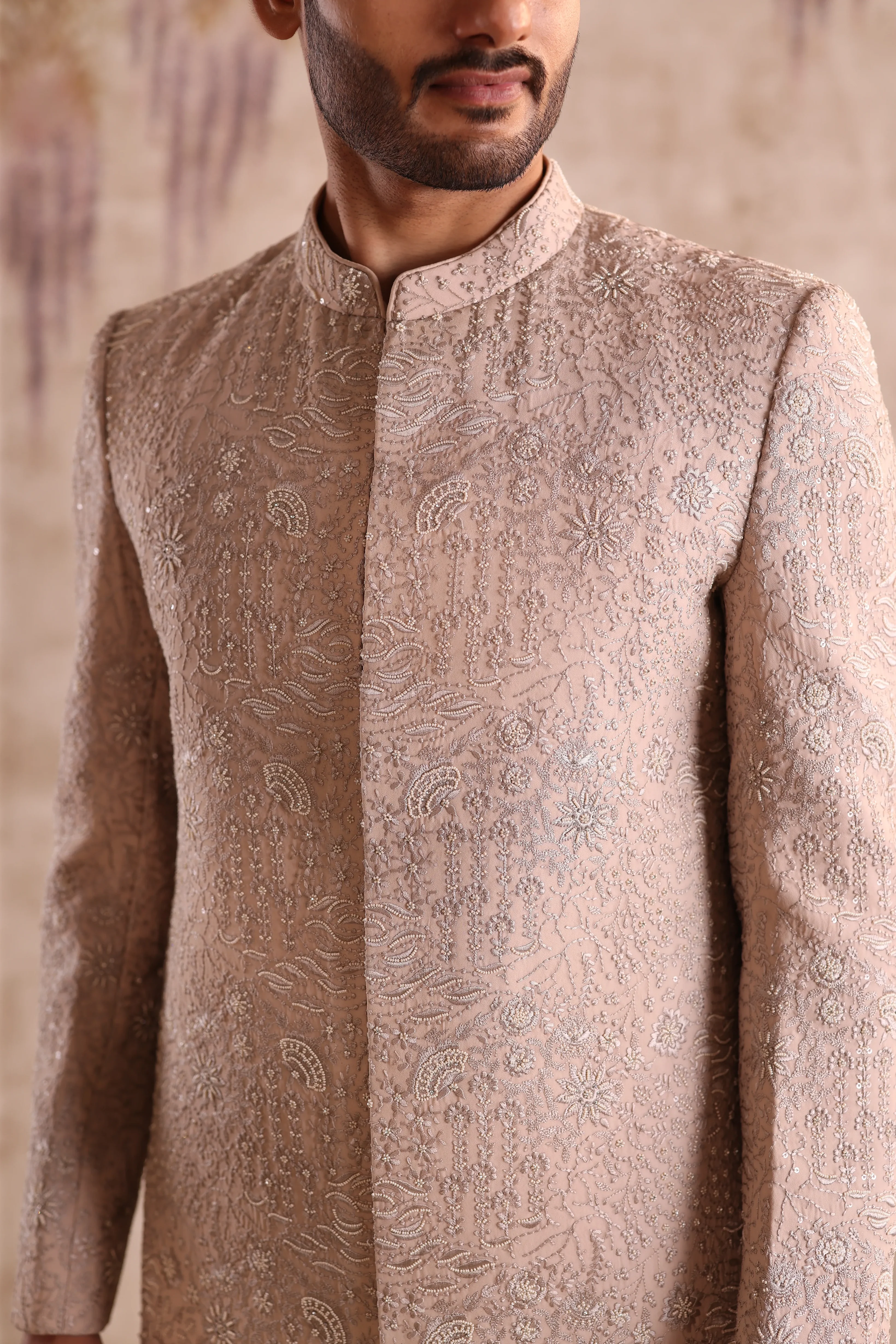 Beige Sherwani highlight with beads embroidery - Image 3
