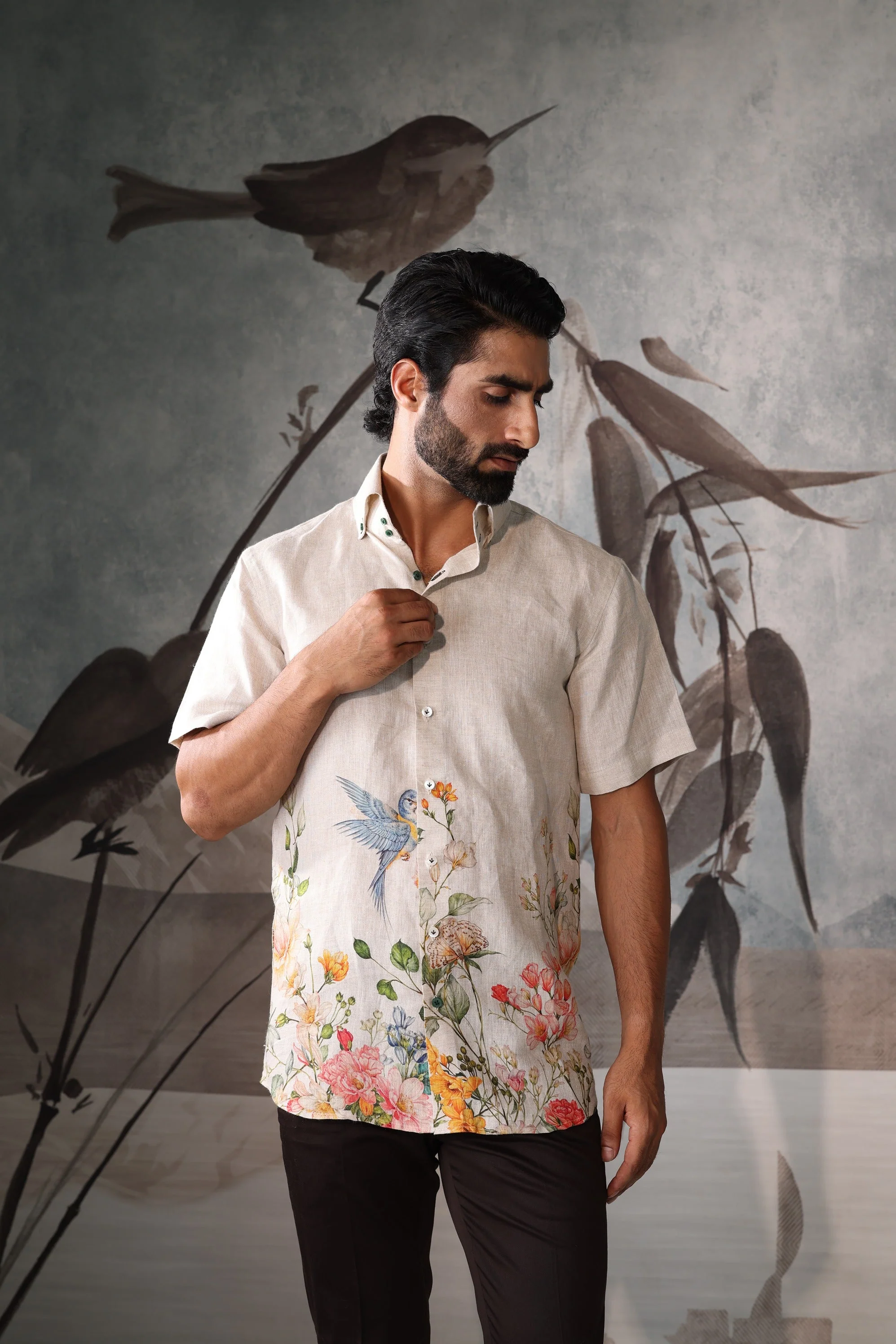 Beige half sleeves shirt with floral print - Image 3