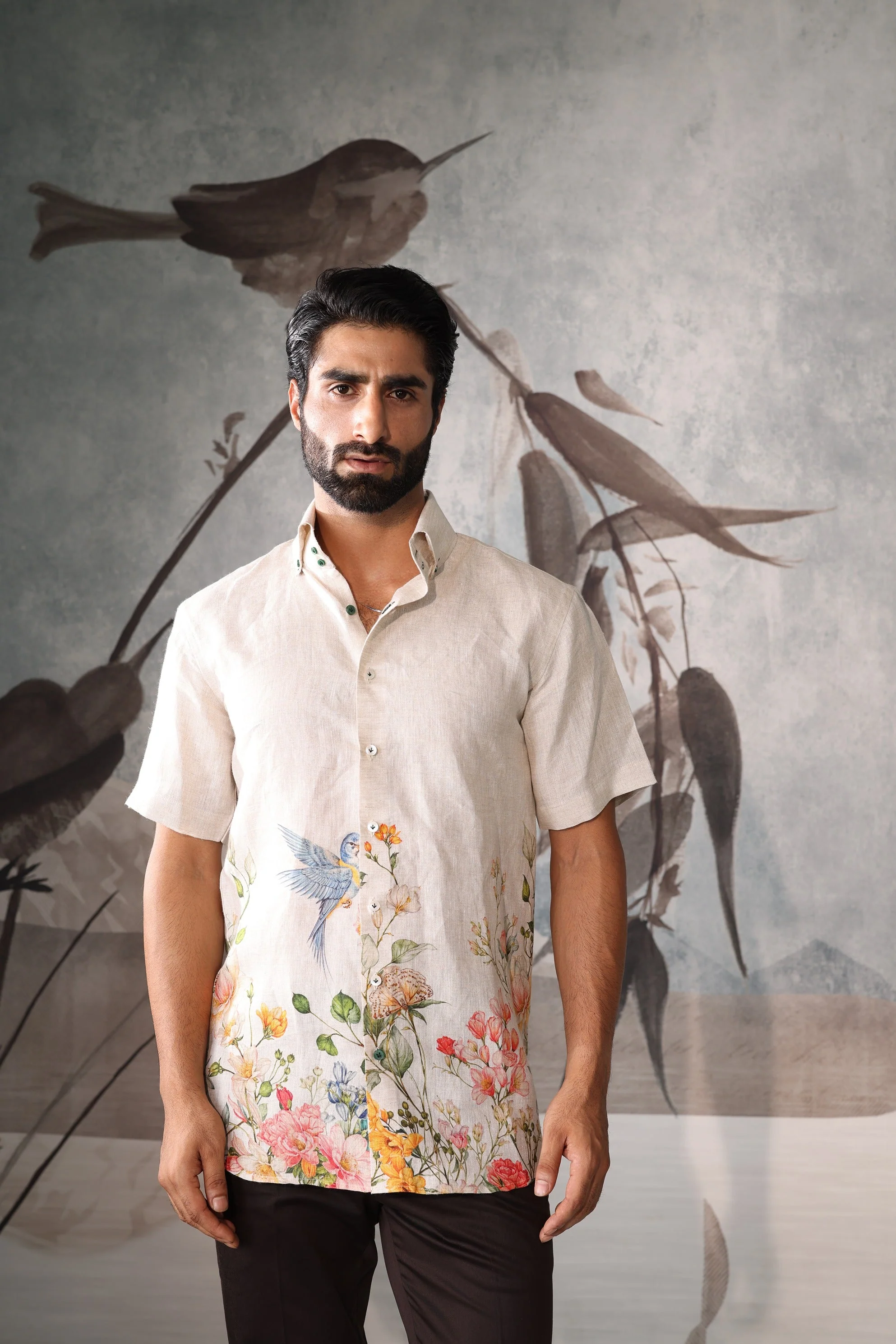 Beige half sleeves shirt with floral print - Image 4