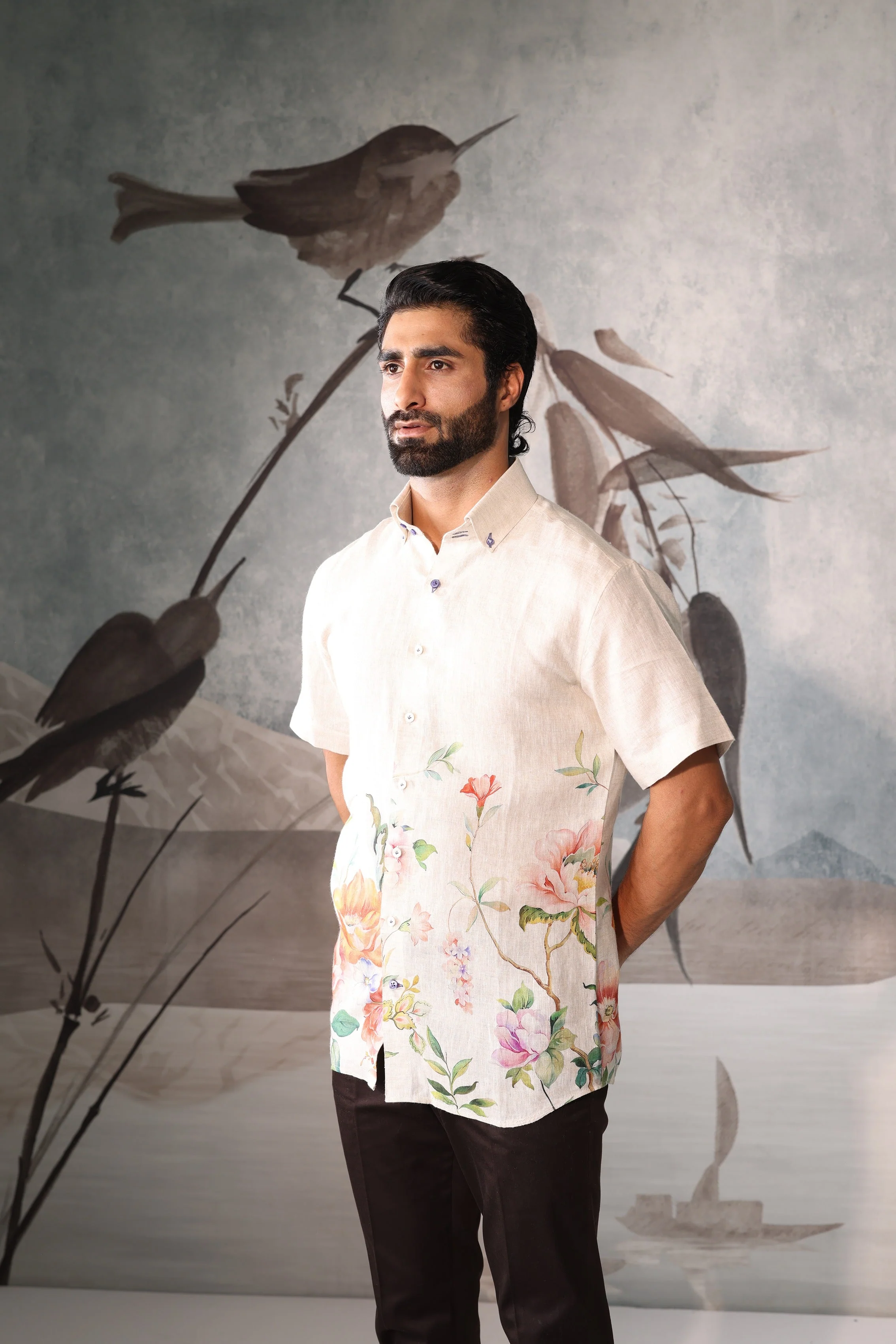 Beige linen half sleeve shirt with all-over floral detailing - Image 3