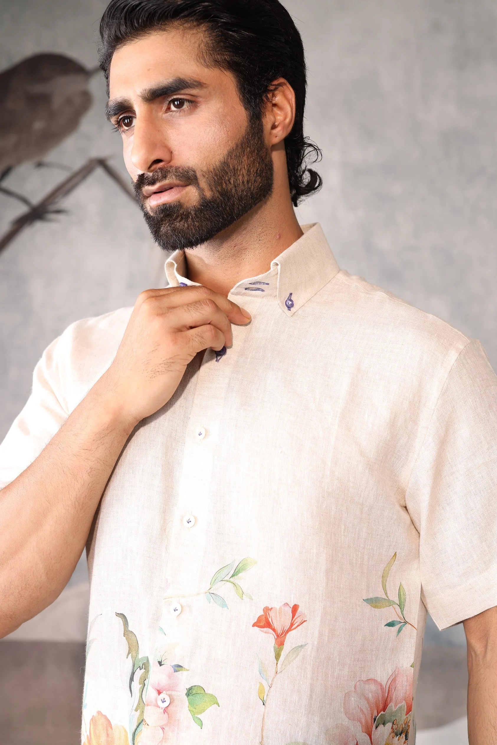 Beige linen half sleeve shirt with all-over floral detailing - Image 4