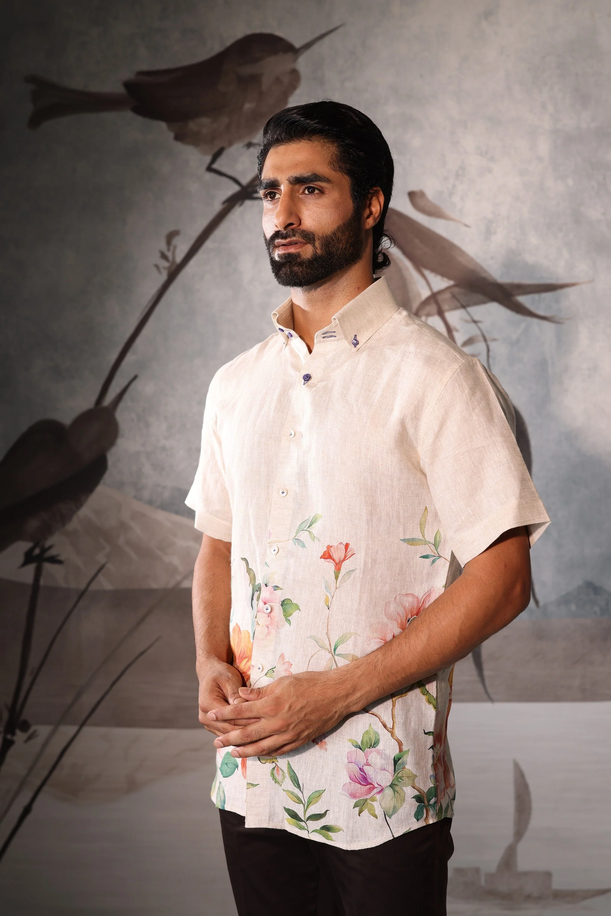 Beige linen half sleeve shirt with all-over floral detailing - Image 5