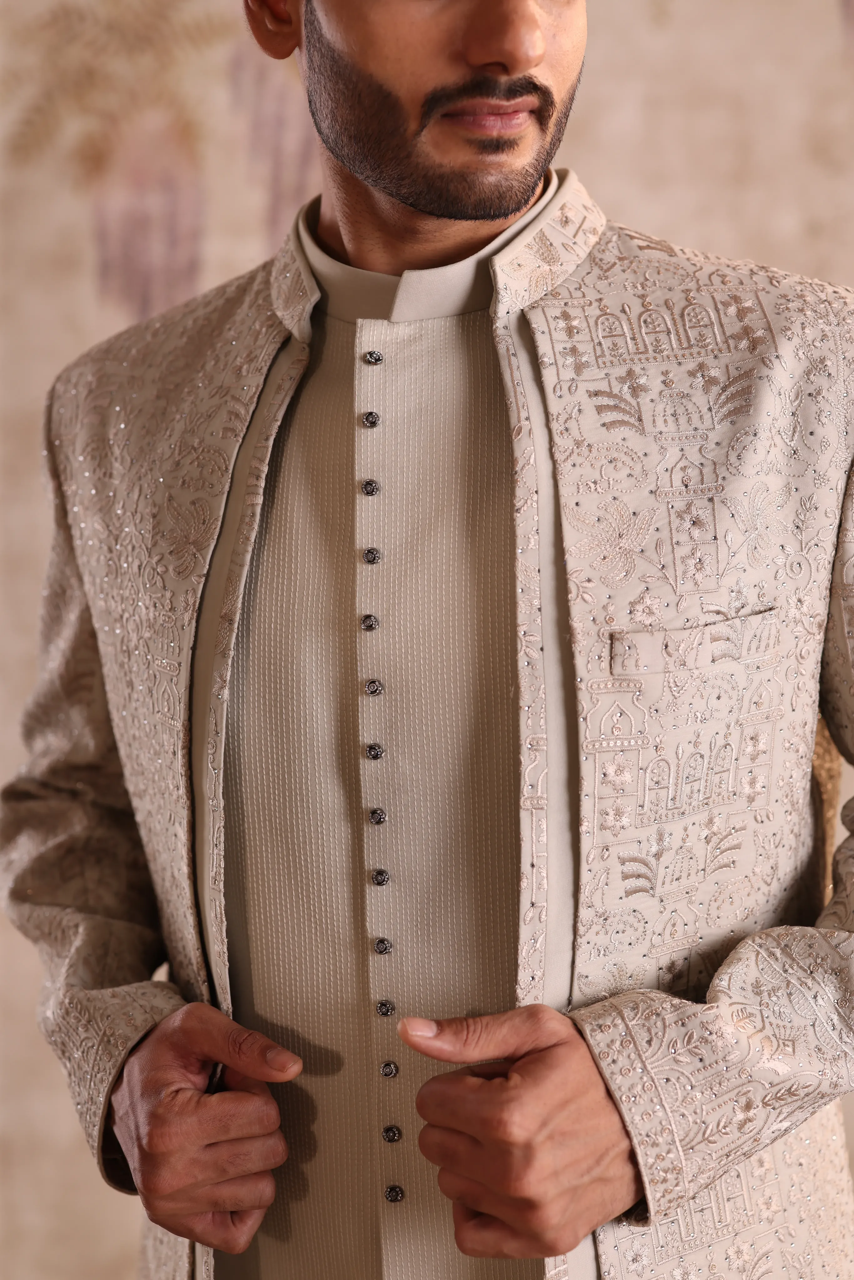 Beige Jacquard Indo Western for Men - Image 3