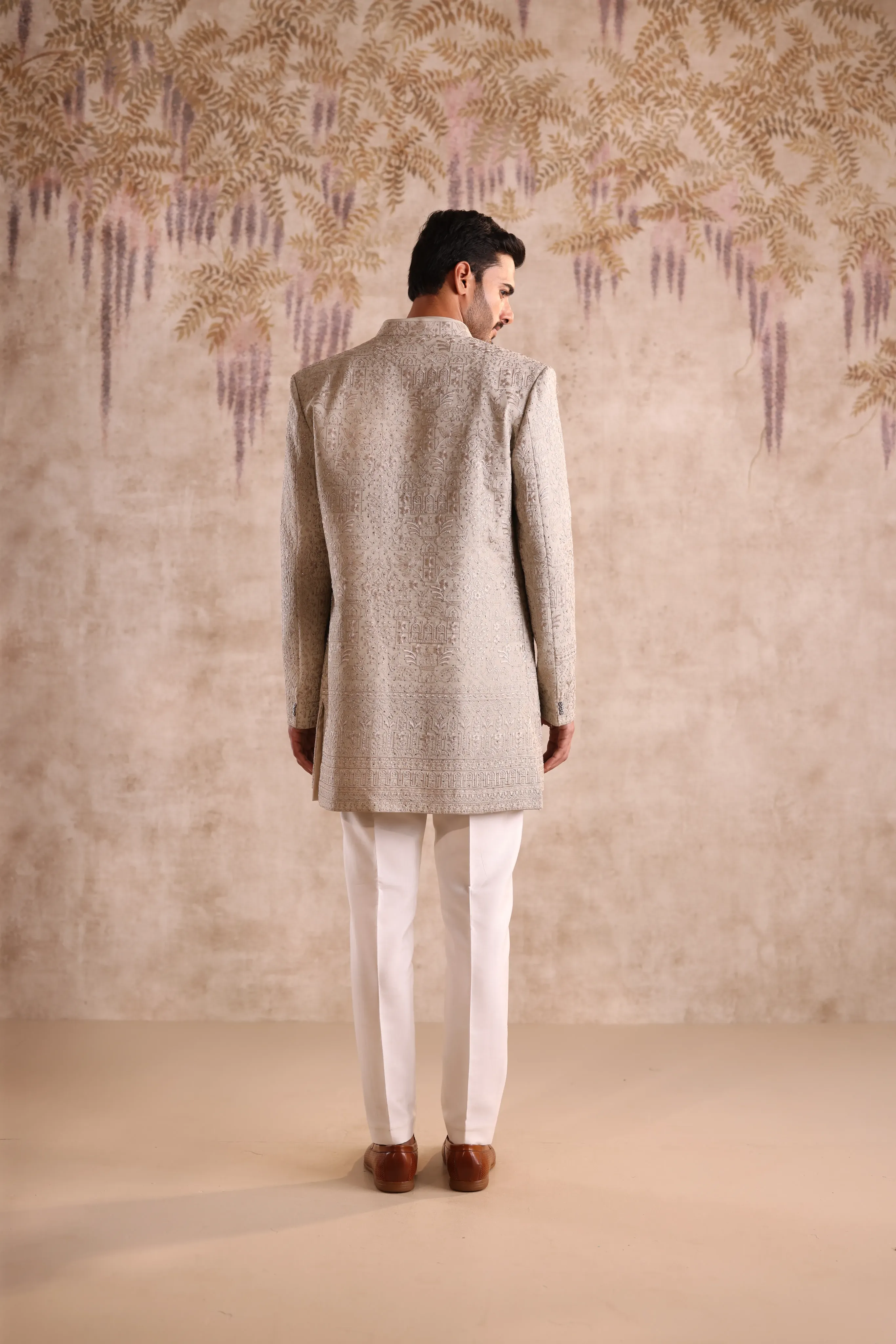 Beige Jacquard Indo Western for Men - Image 4
