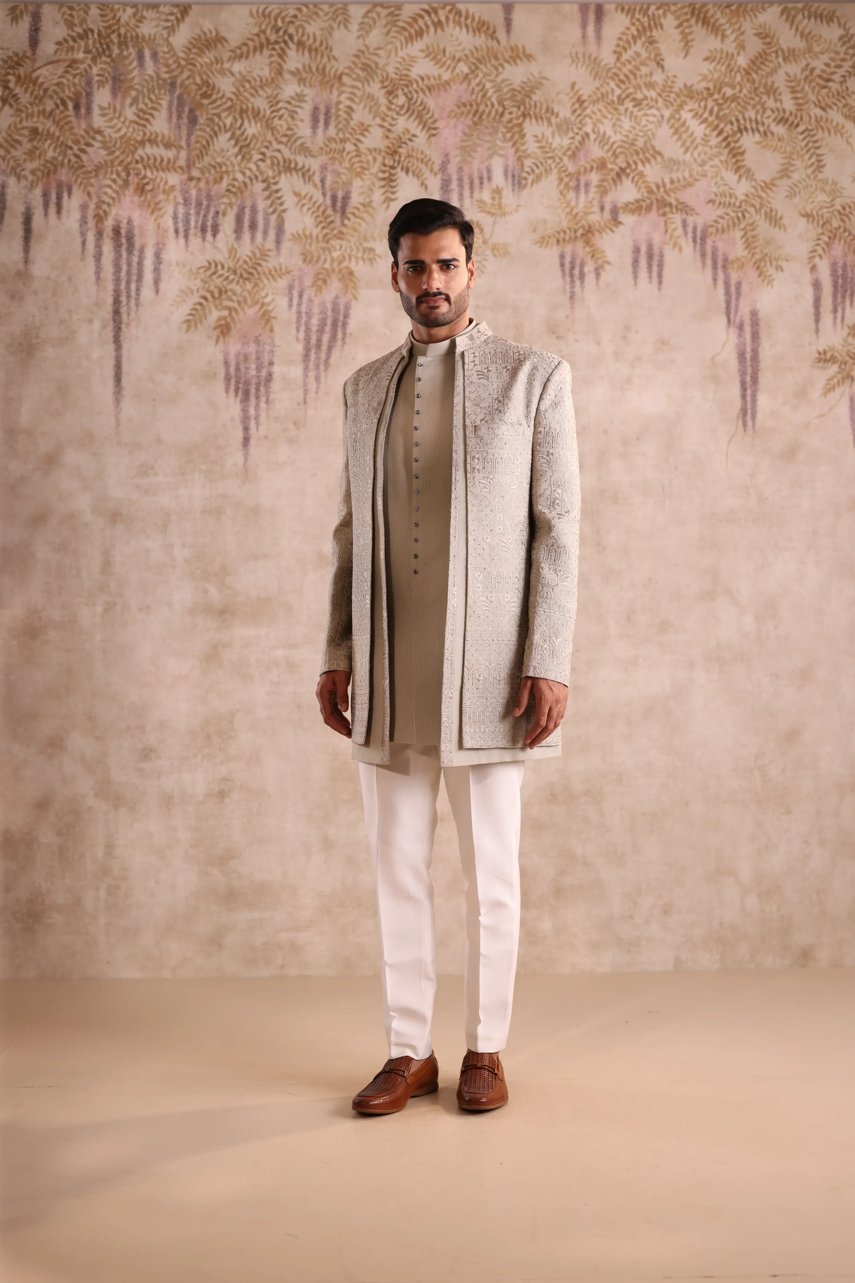 Beige Jacquard Indo Western for Men - Image 5