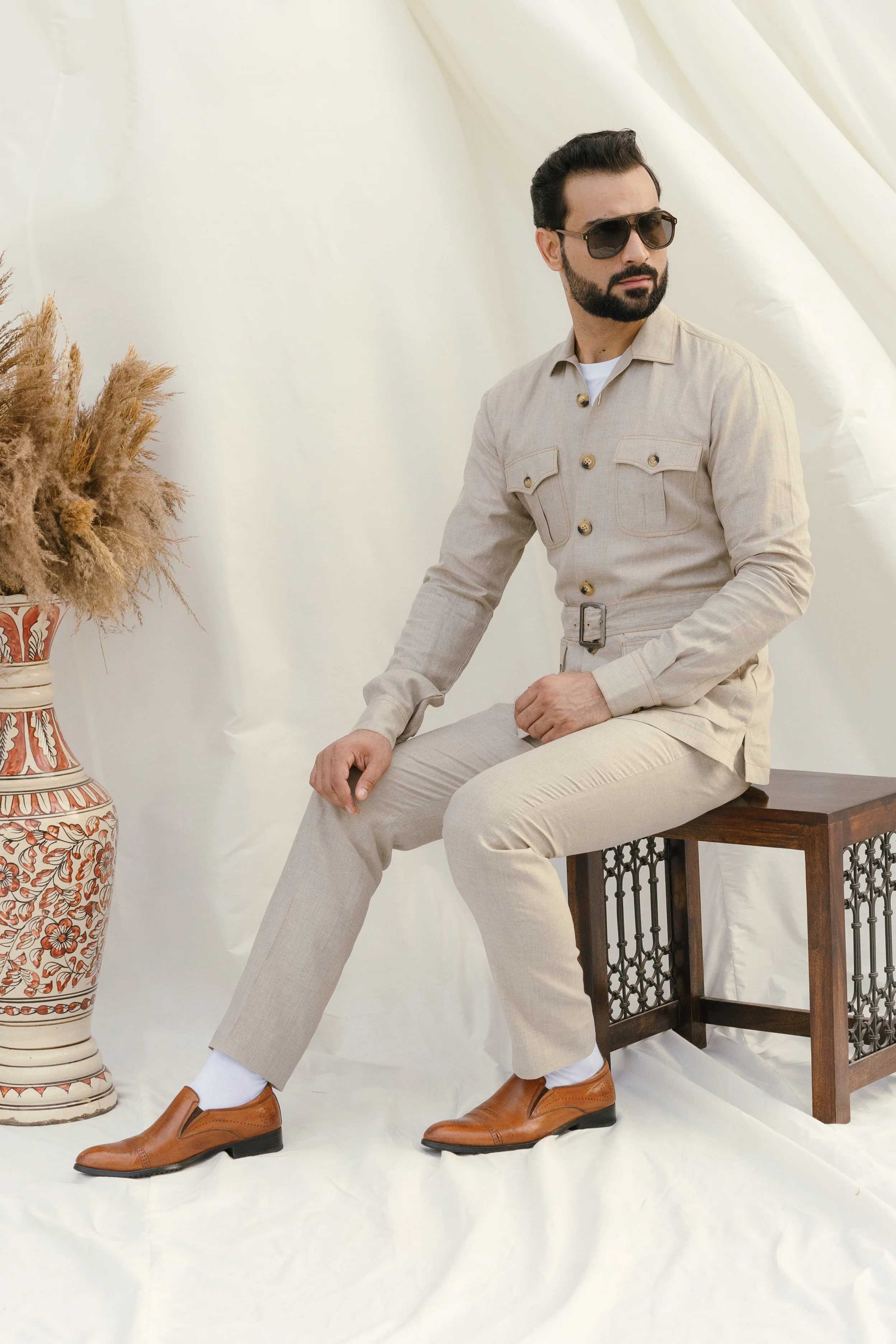 Beige Linen Cordset Safari Shirt with pach pockets and waist belt(with pant) - Image 2