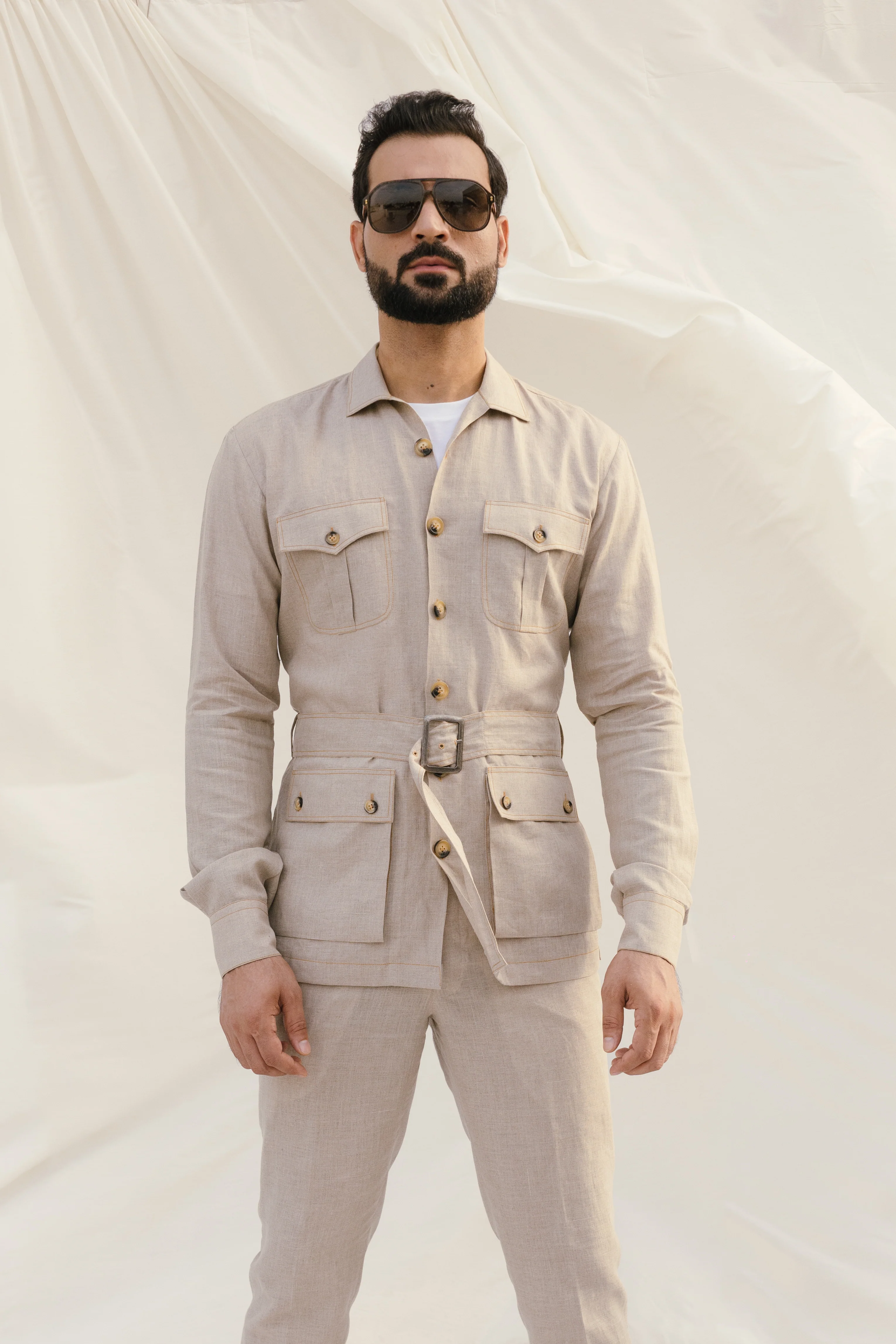 Beige Linen Cordset Safari Shirt with pach pockets and waist belt(with pant) - Image 3