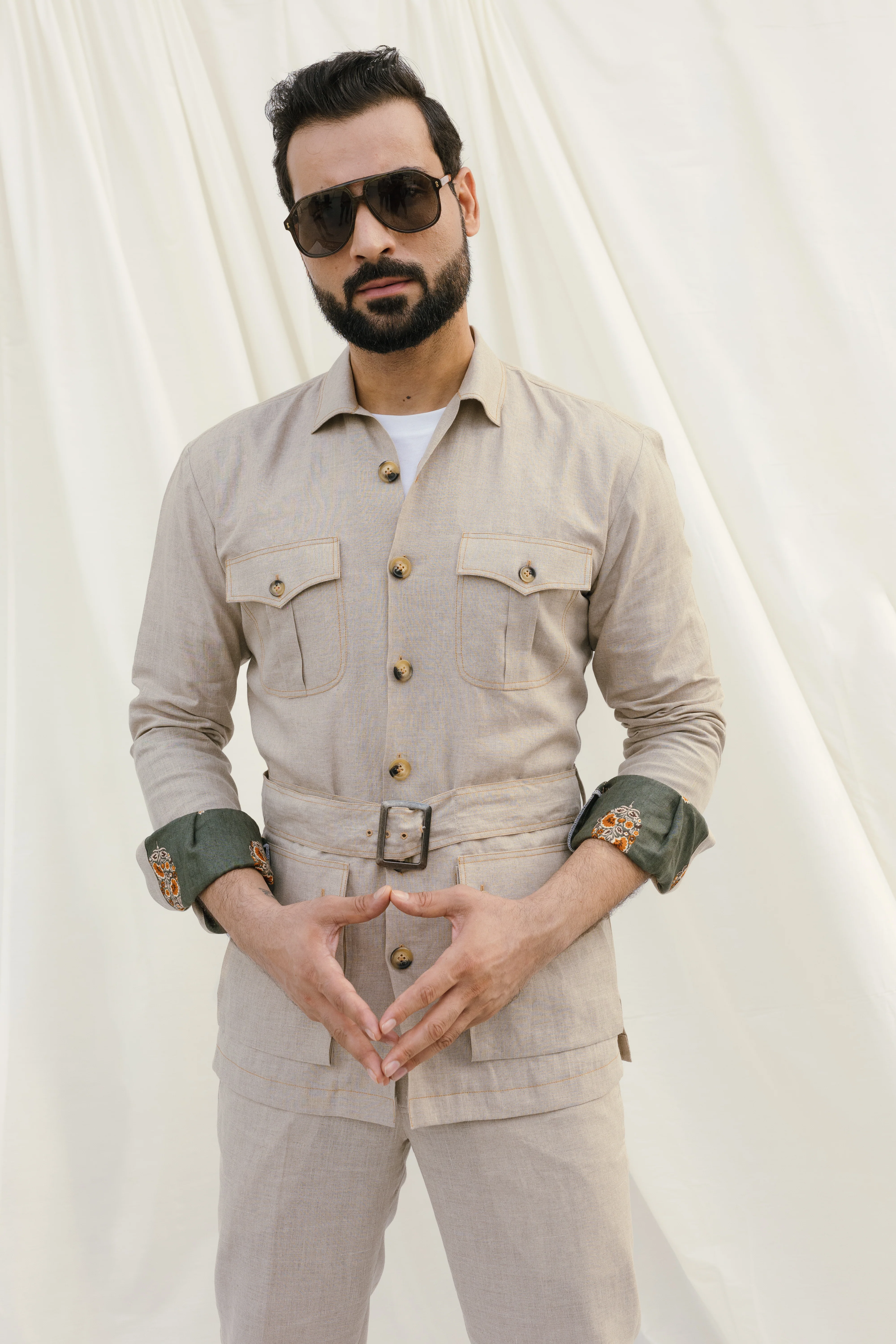 Beige Linen Cordset Safari Shirt with pach pockets and waist belt(with pant) - Image 4