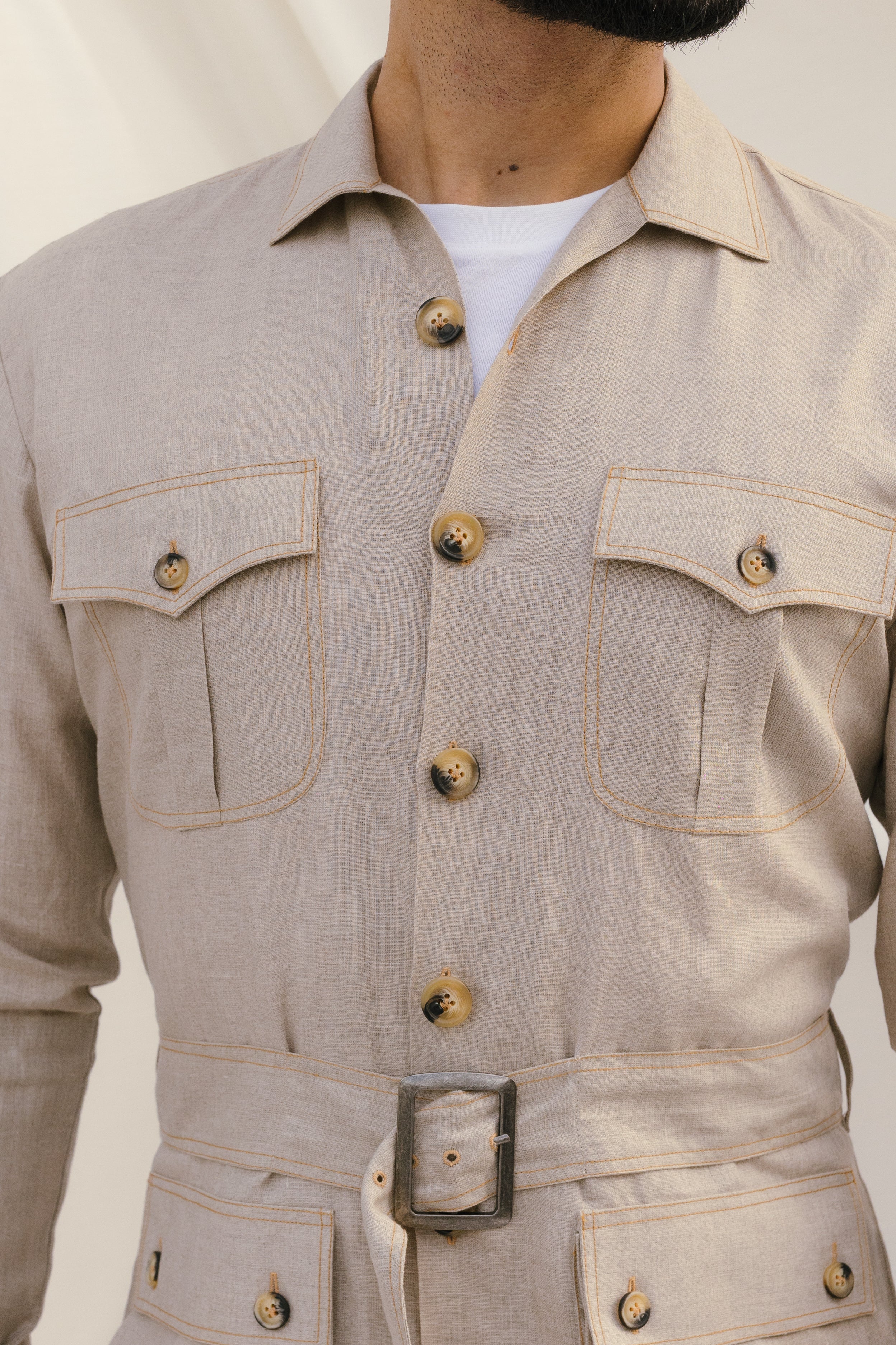 Beige Linen Cordset Safari Shirt with pach pockets and waist belt(with pant) - Image 5