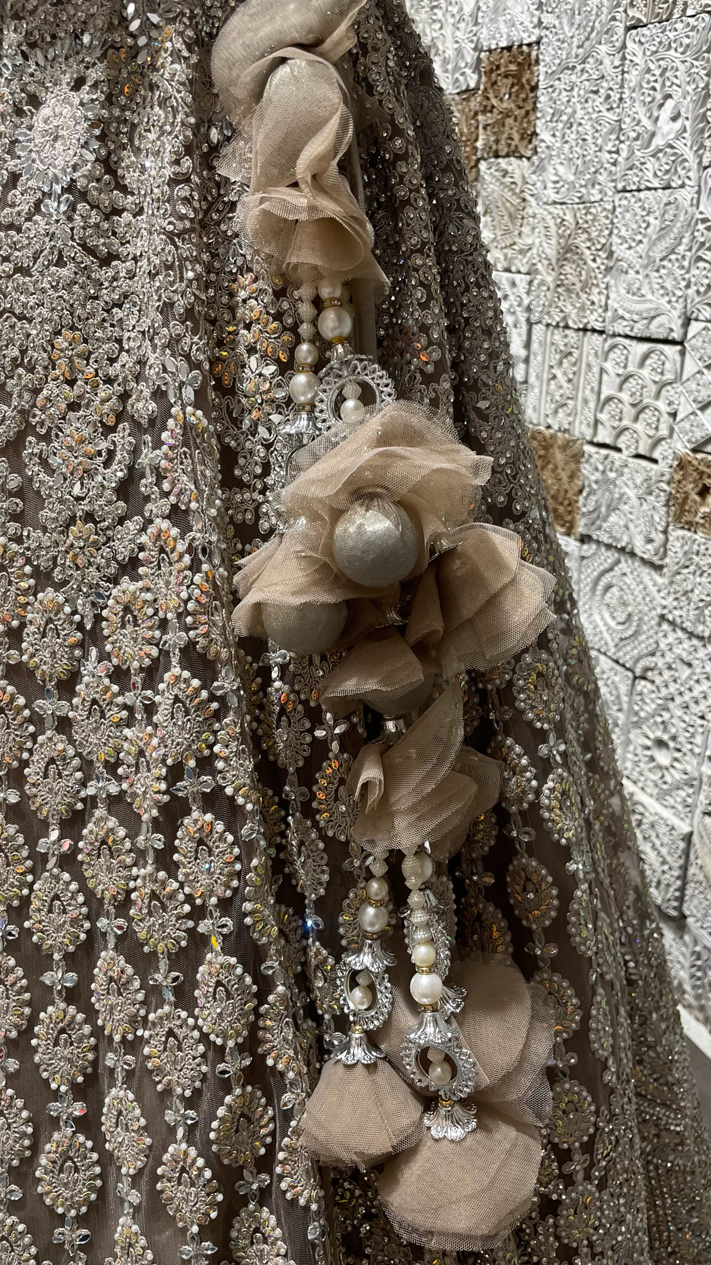 Beige mirrorwork lehenga on a net base - Image 3