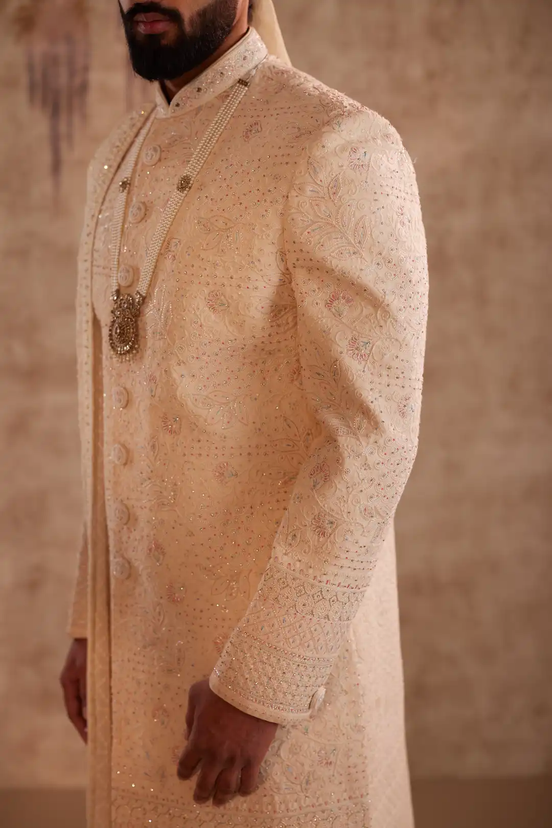 Beige Multicolour Embroidered Sherwani for Groom | Premium Wedding Sherwani - Image 10