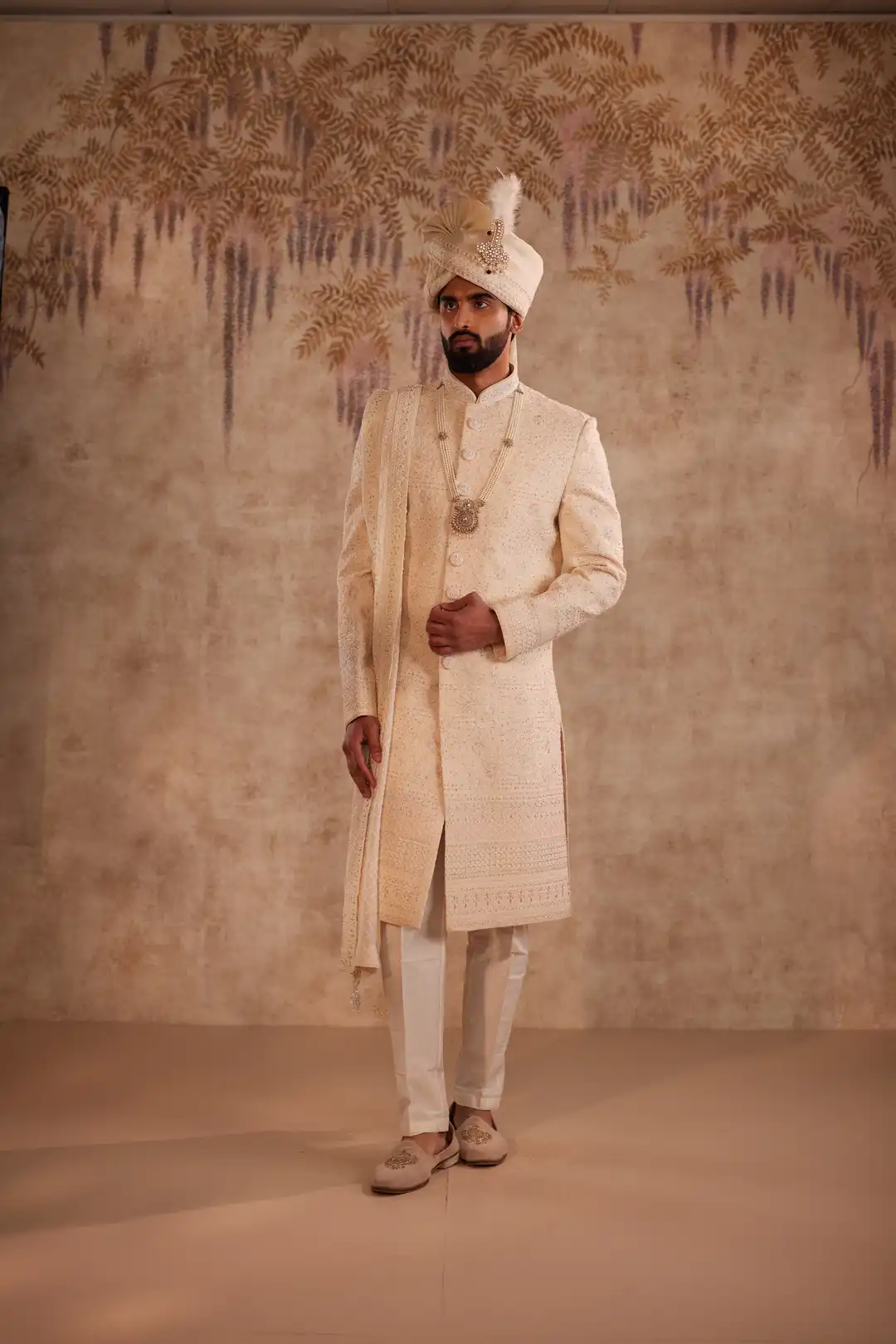 Beige Multicolour Embroidered Sherwani for Groom | Premium Wedding Sherwani - Image 2