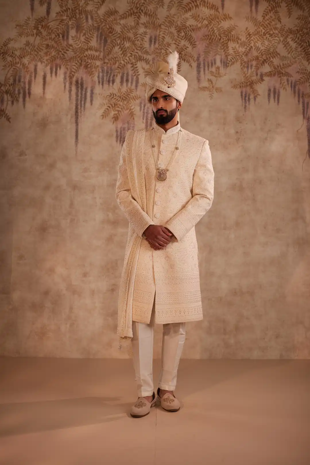 Beige Multicolour Embroidered Sherwani for Groom | Premium Wedding Sherwani - Image 4