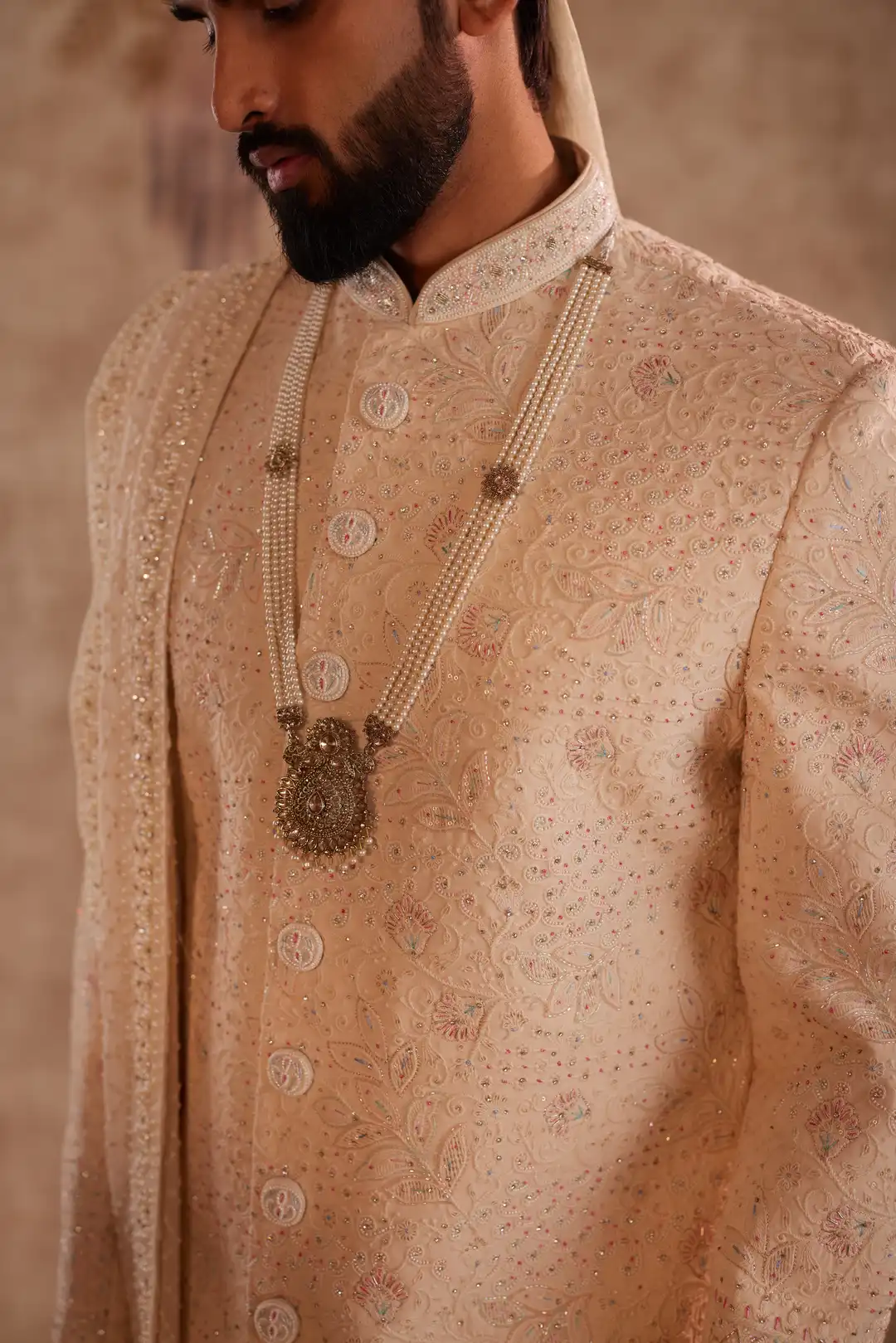 Beige Multicolour Embroidered Sherwani for Groom | Premium Wedding Sherwani - Image 8