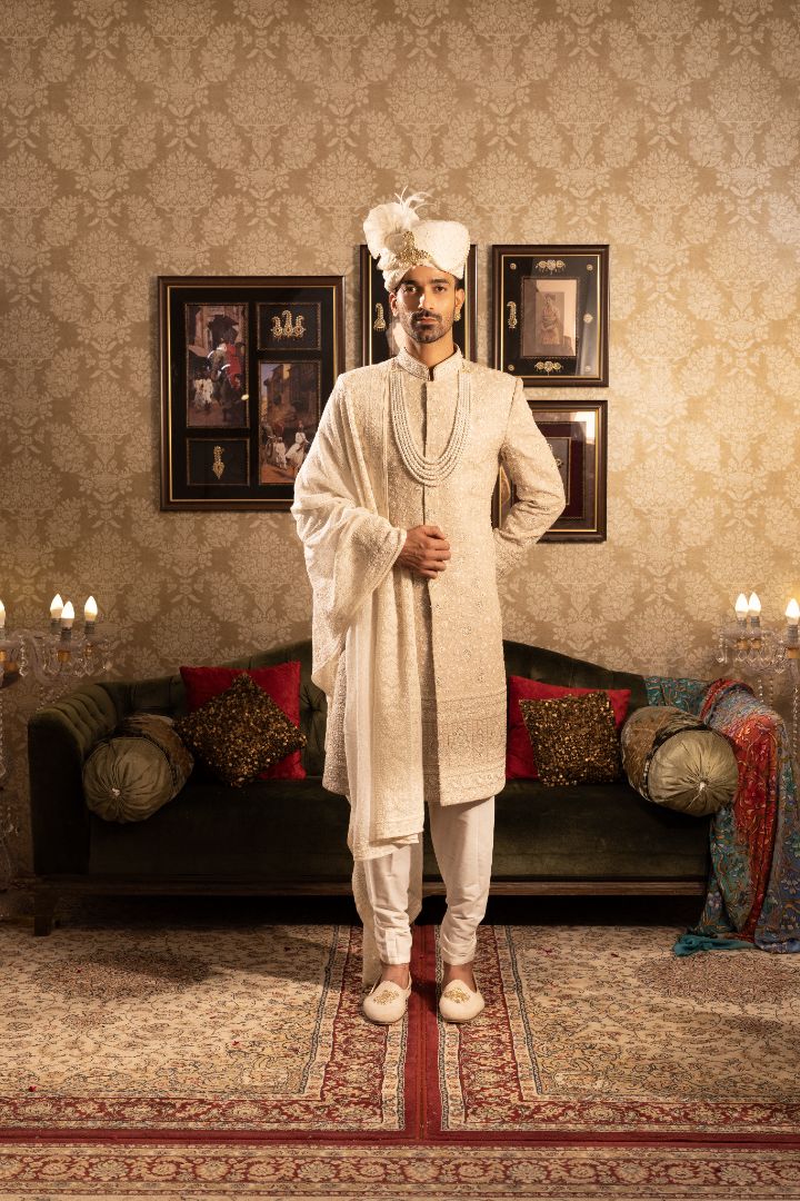 Beige Sherwami for groom with mala and stole - Image 2