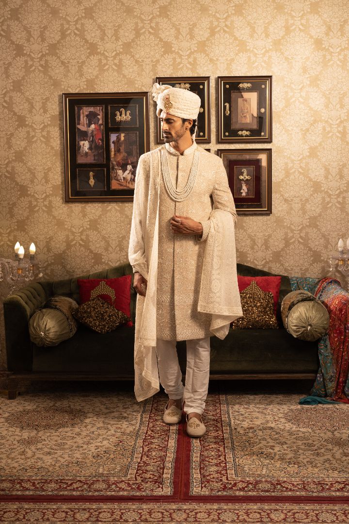 Beige Sherwani with Embroidery - Image 2