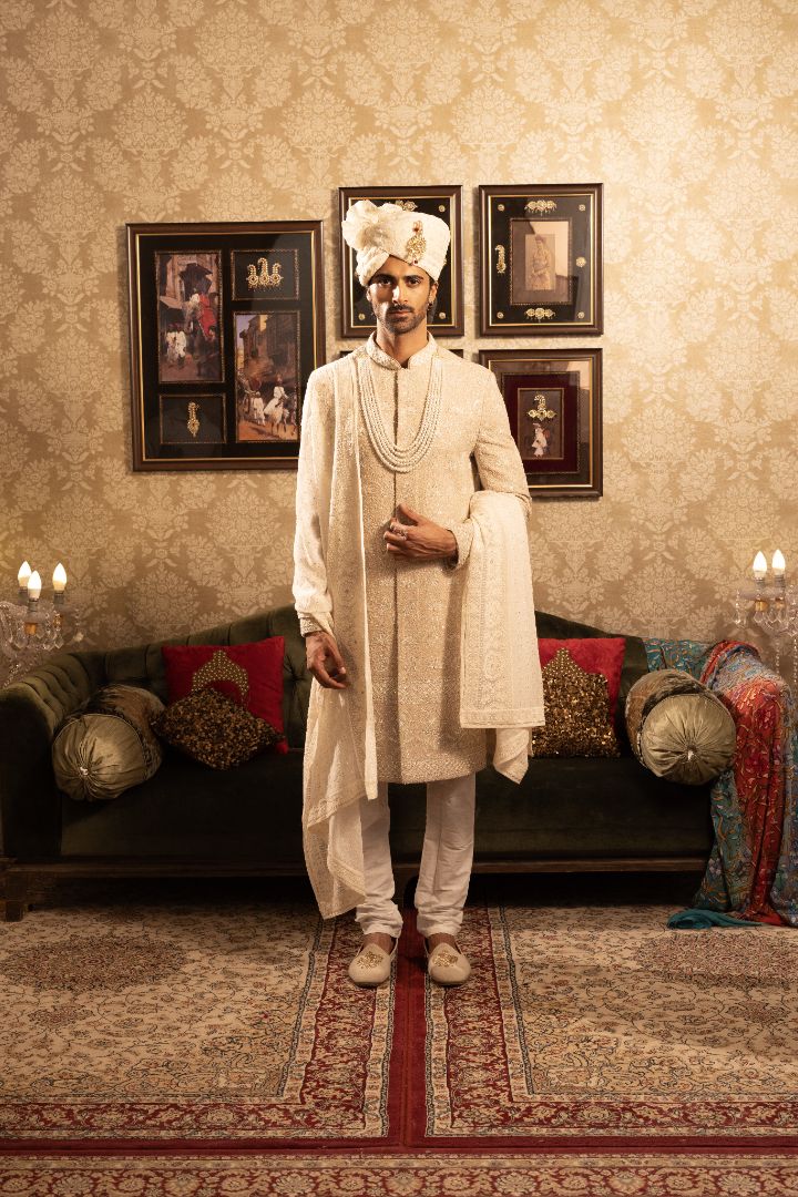 Beige Sherwani with Embroidery - Image 3