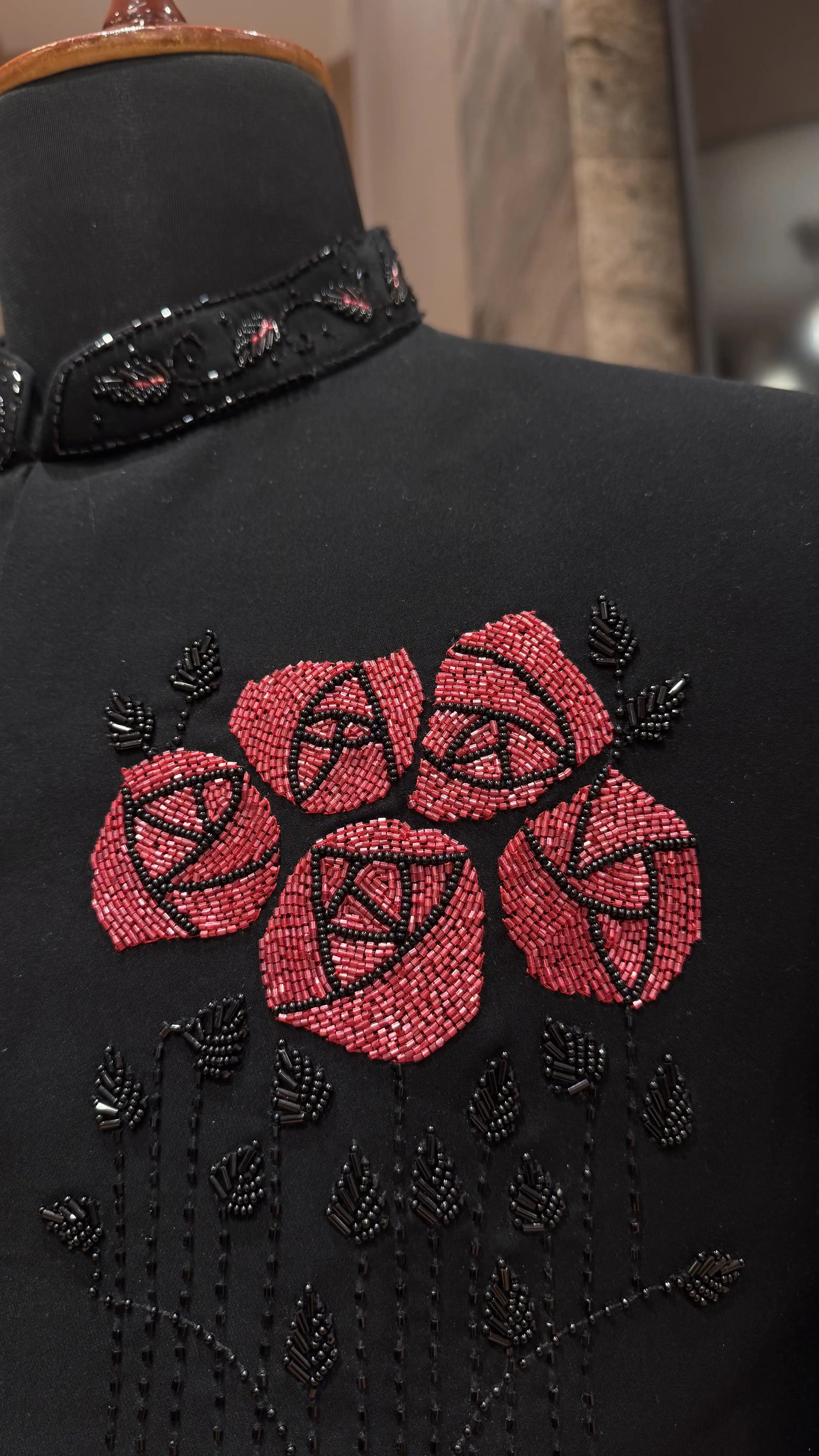 Black bandhgala with red floral motif - Image 2