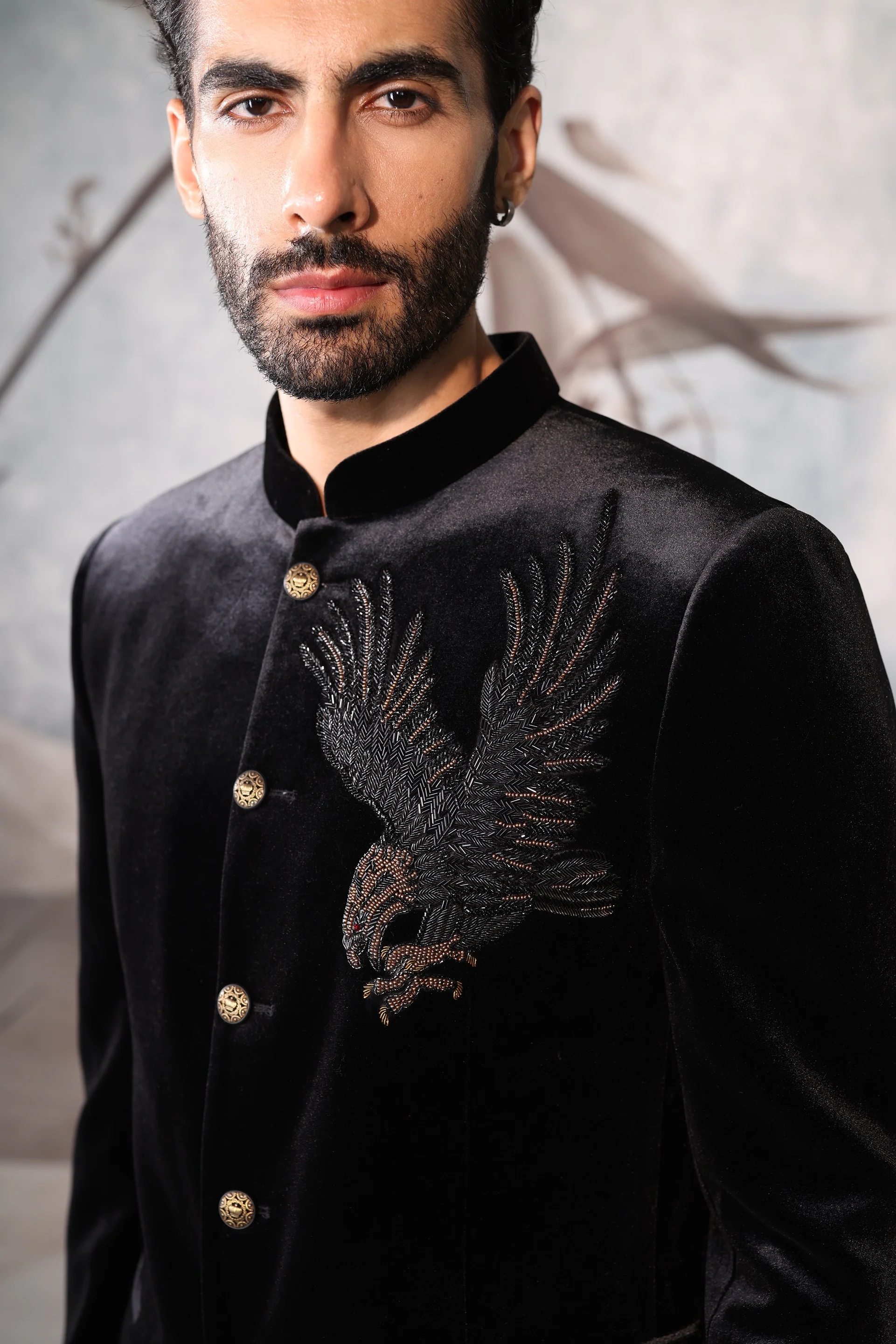 Black Bandhgala with bird design - Image 3