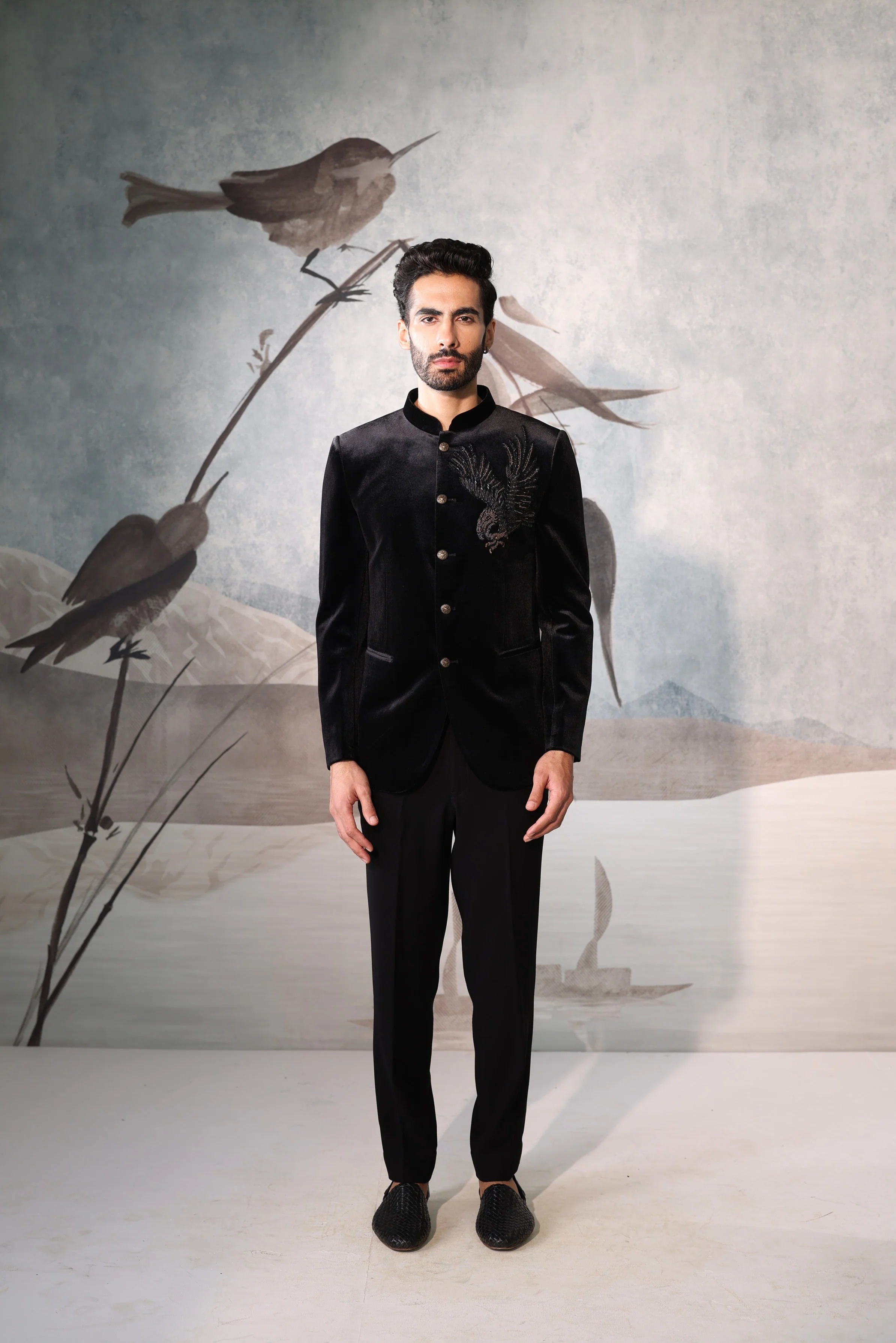 Black Bandhgala with bird design - Image 4