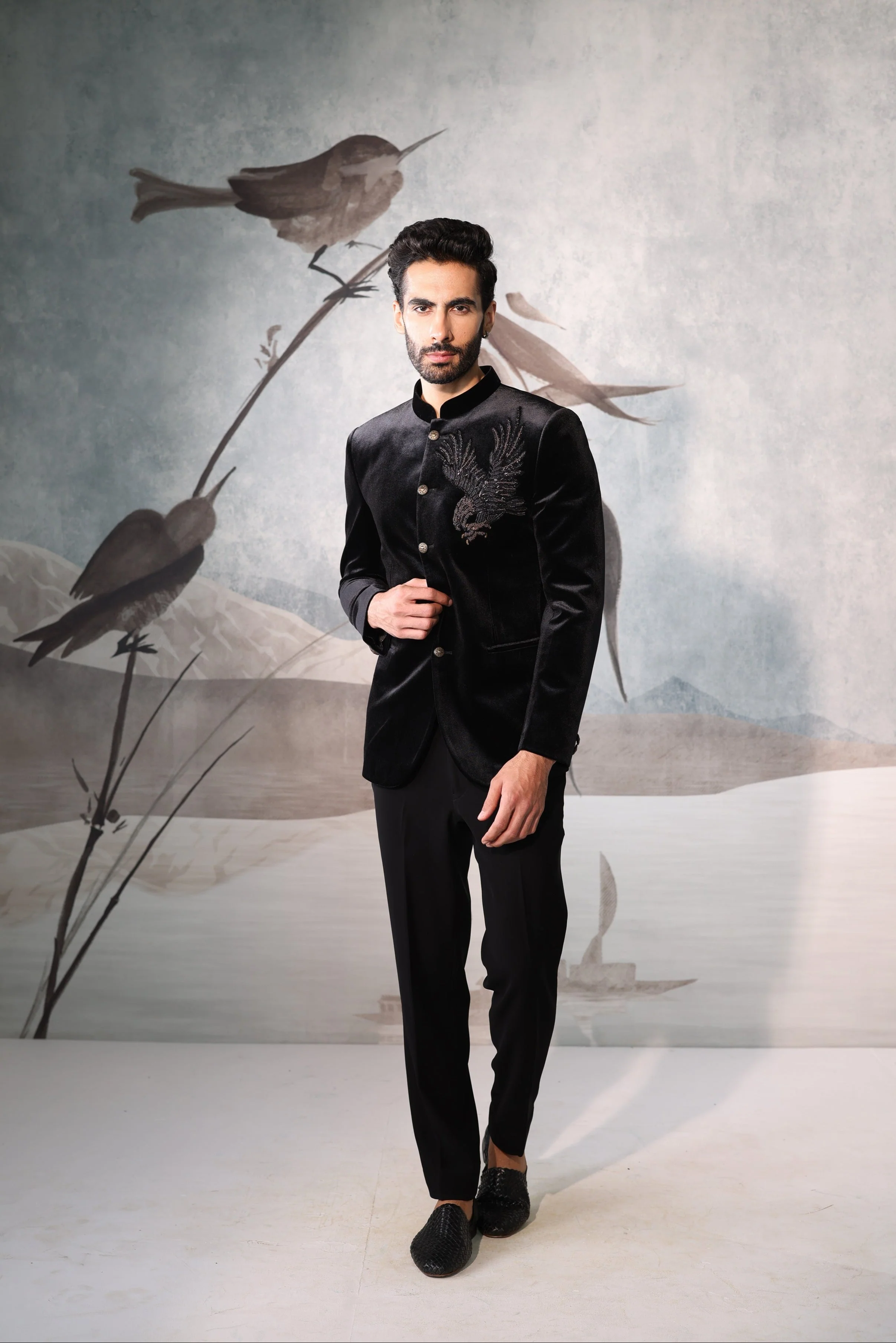 Black Bandhgala with bird design - Image 5