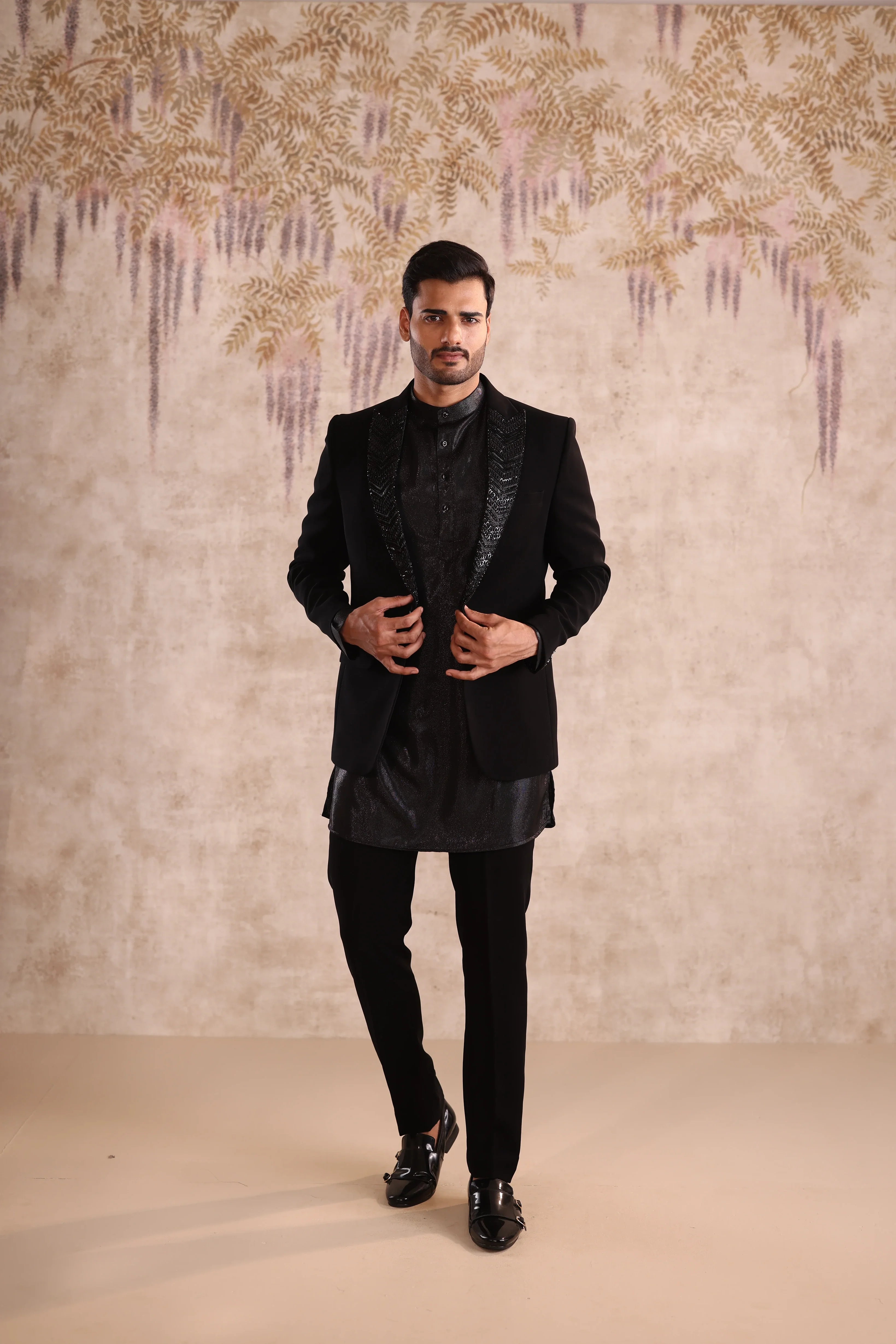 Peak embroidered lapel black  indo- western  with shimmering kurta - Image 2