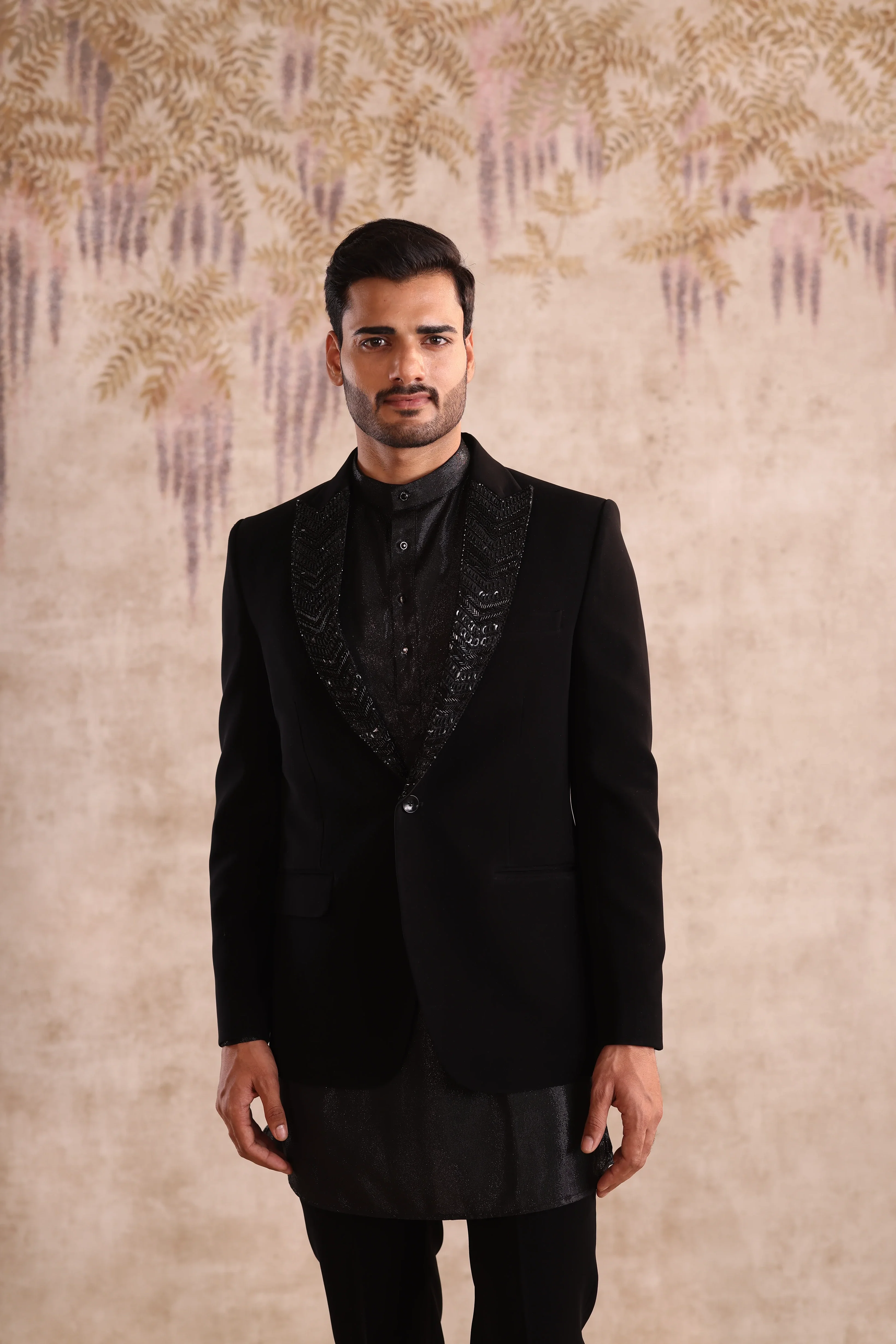 Peak embroidered lapel black  indo- western  with shimmering kurta - Image 3