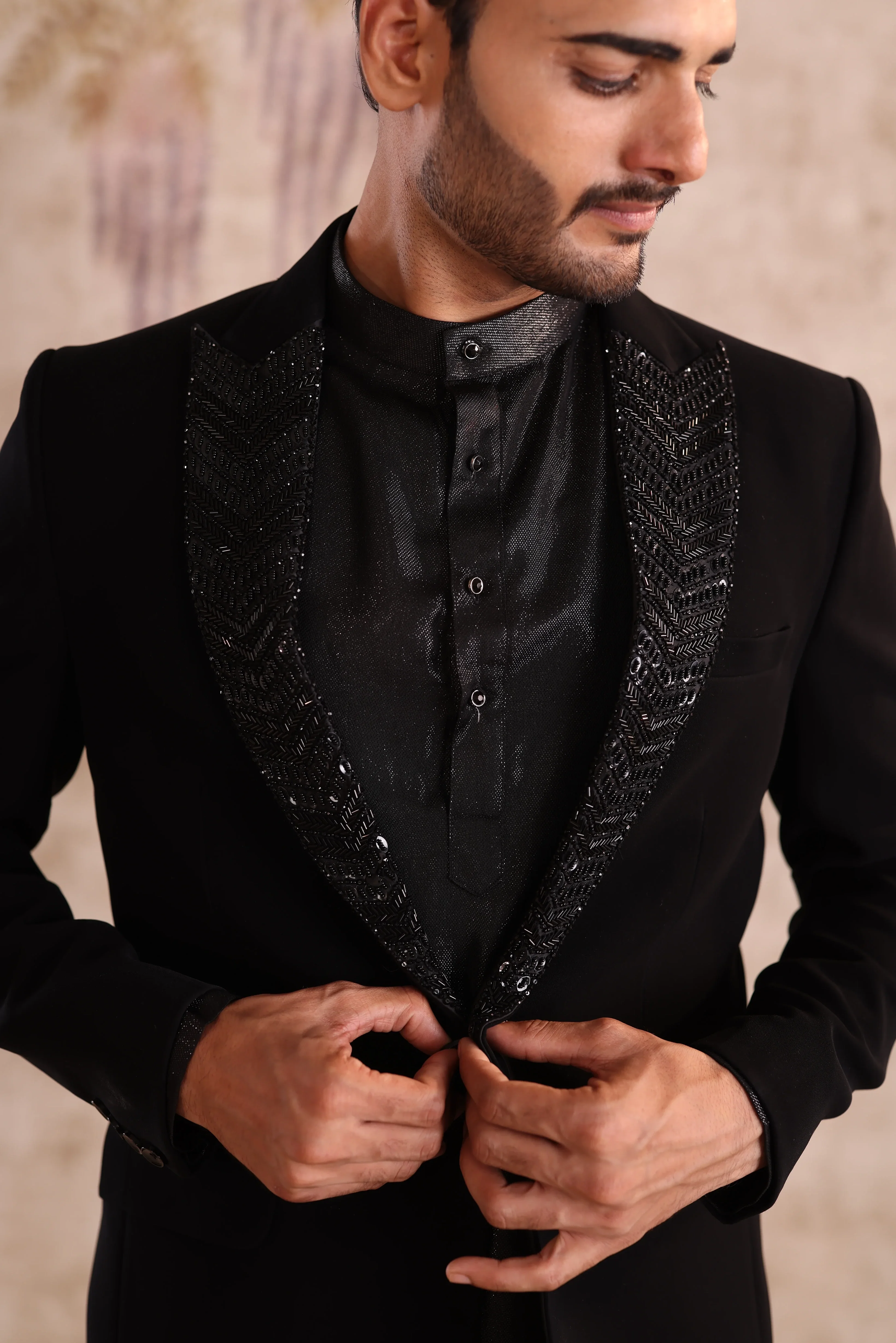 Peak embroidered lapel black  indo- western  with shimmering kurta - Image 5
