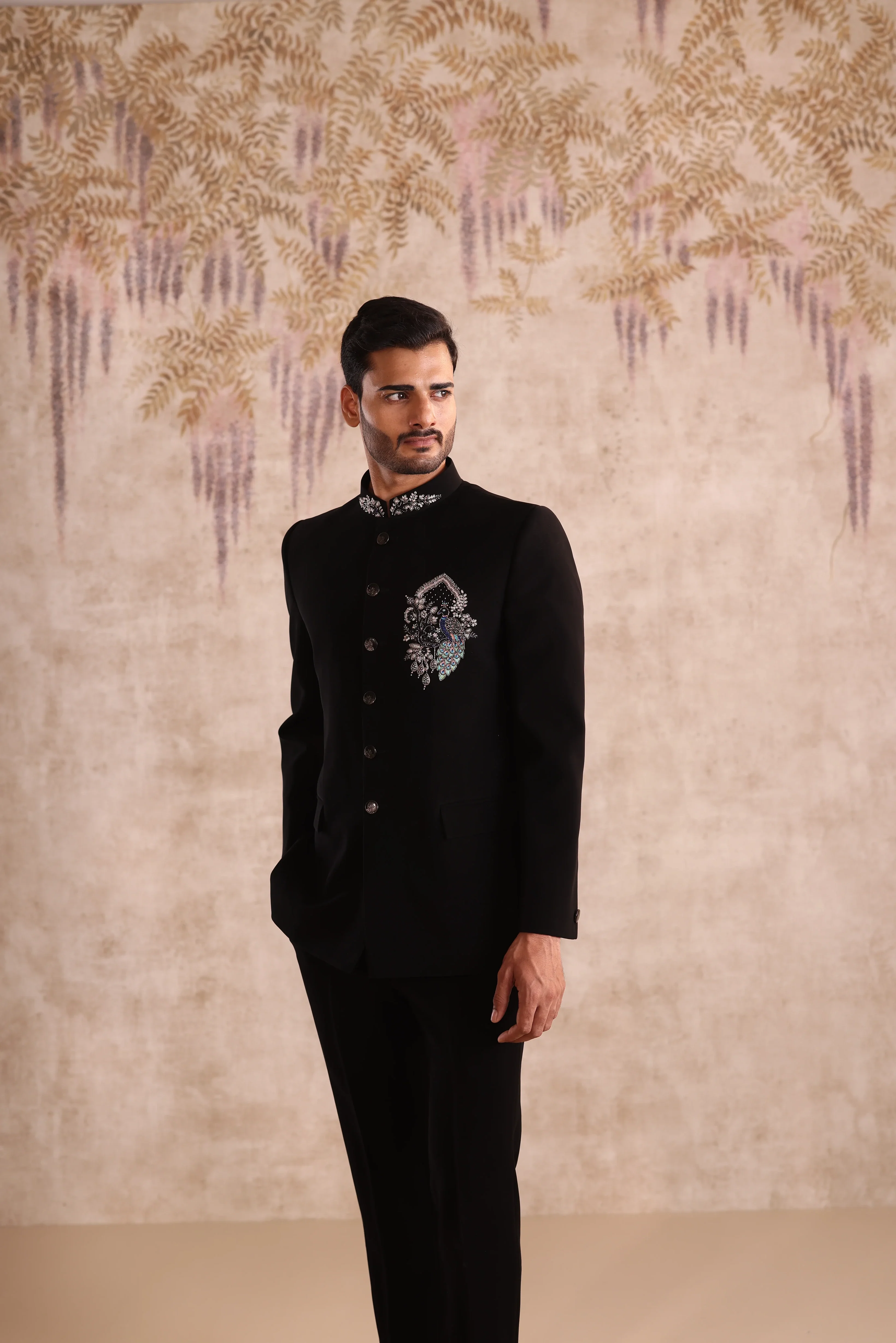 Black bandhgala with chest motif and collar embroidery - Image 3