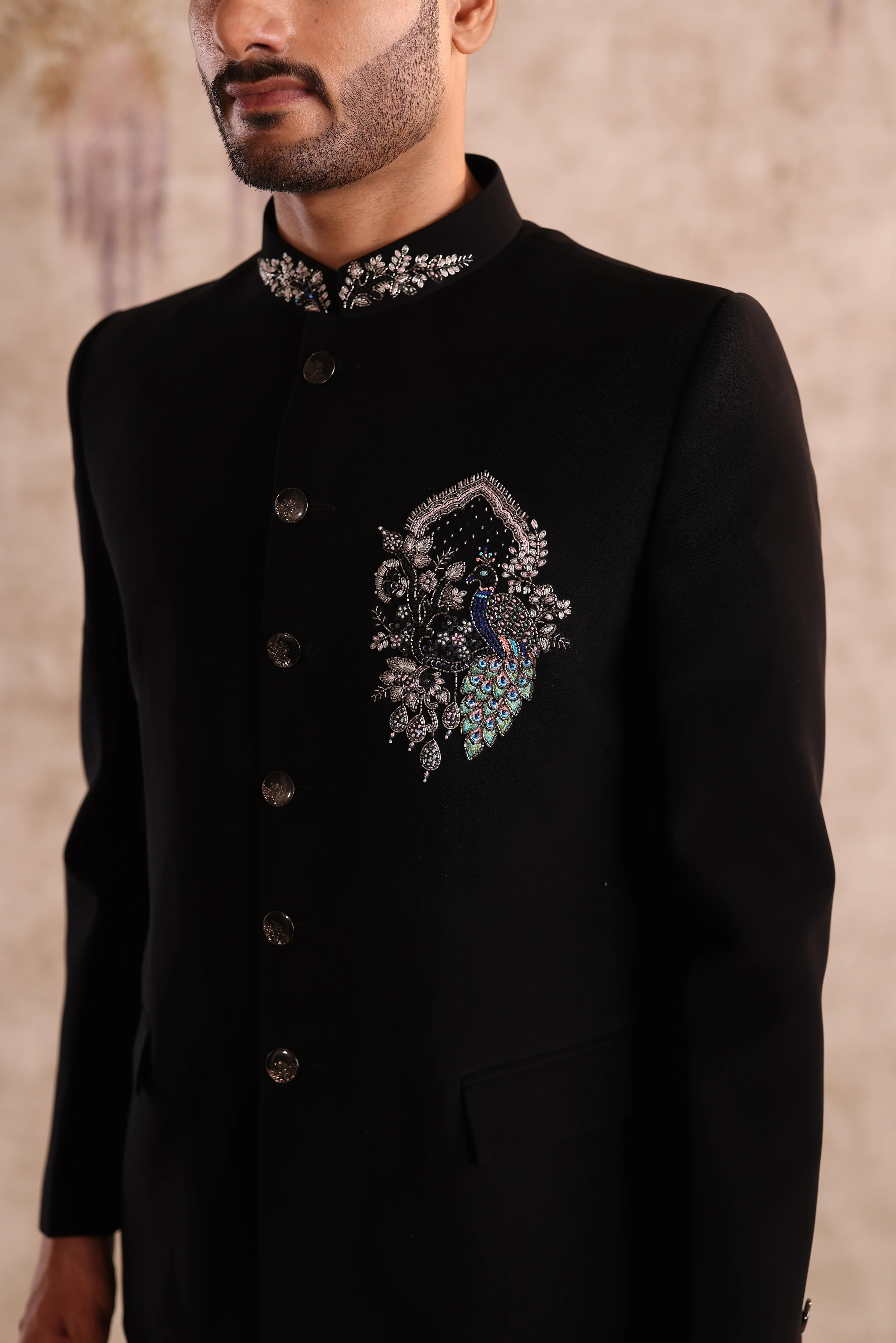 Black bandhgala with chest motif and collar embroidery - Image 4