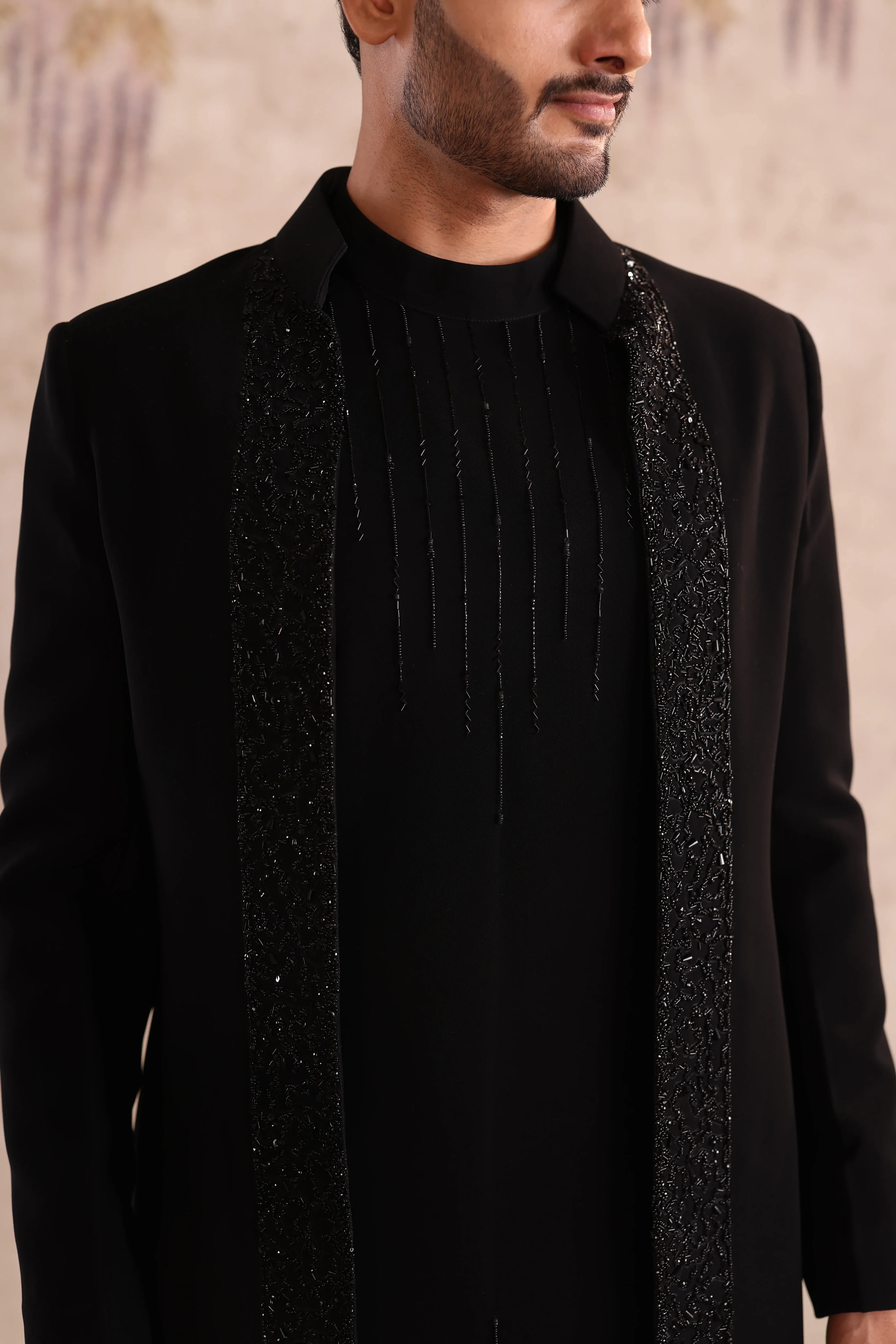 machine embroidered open jacket indo with kurta detailing with button - Image 3