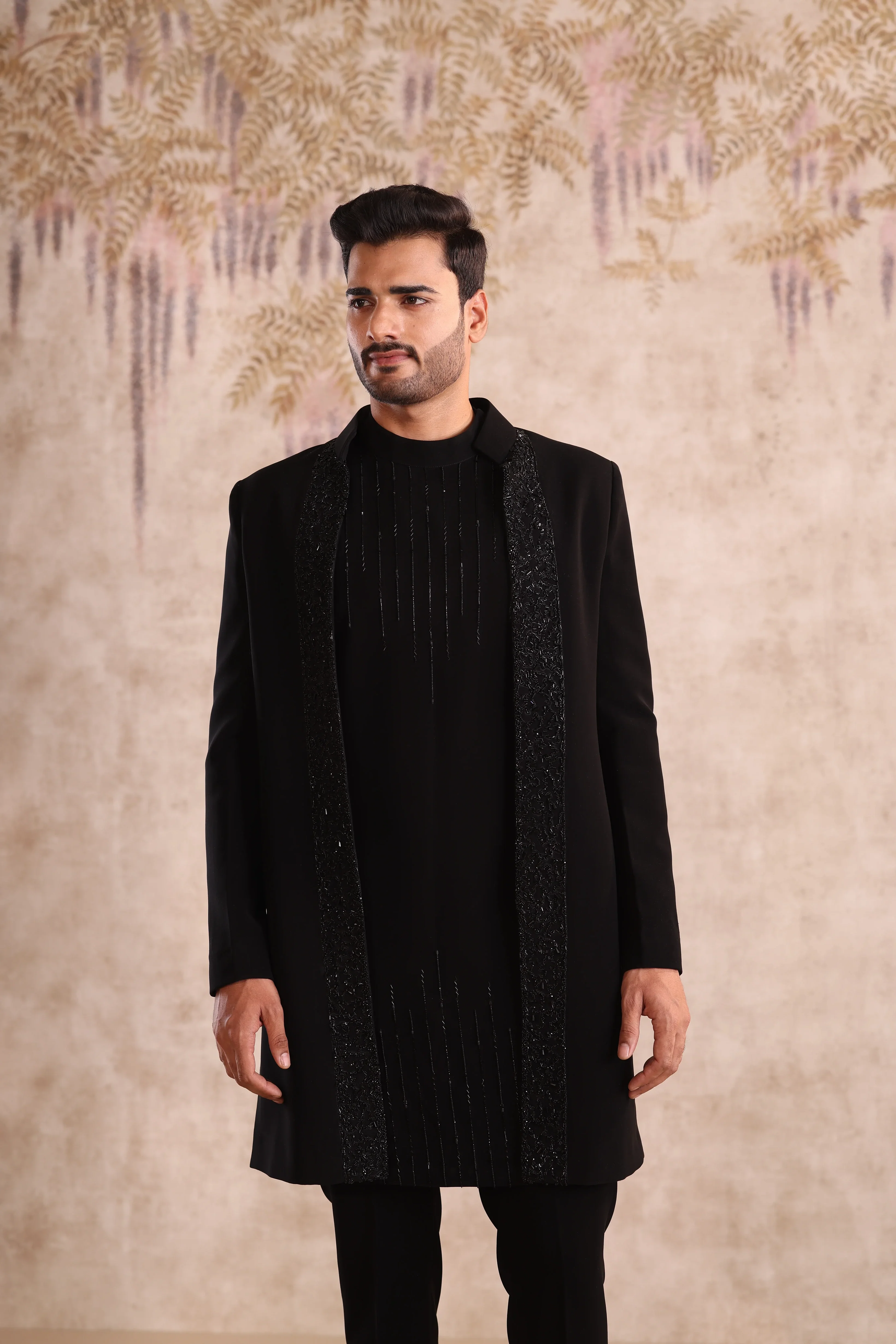machine embroidered open jacket indo with kurta detailing with button - Image 4