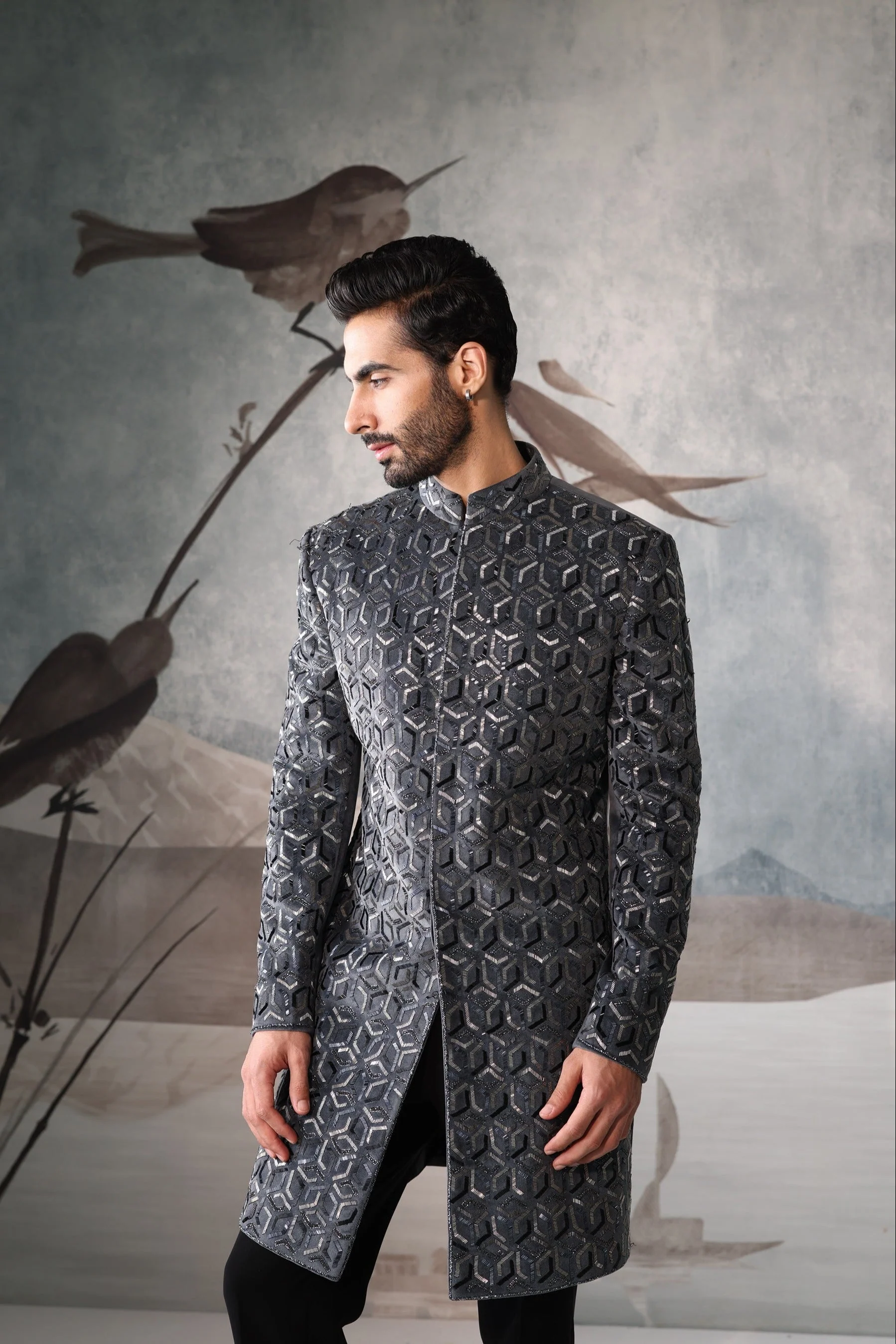 Grey indo-western with geometric pattern - Image 3