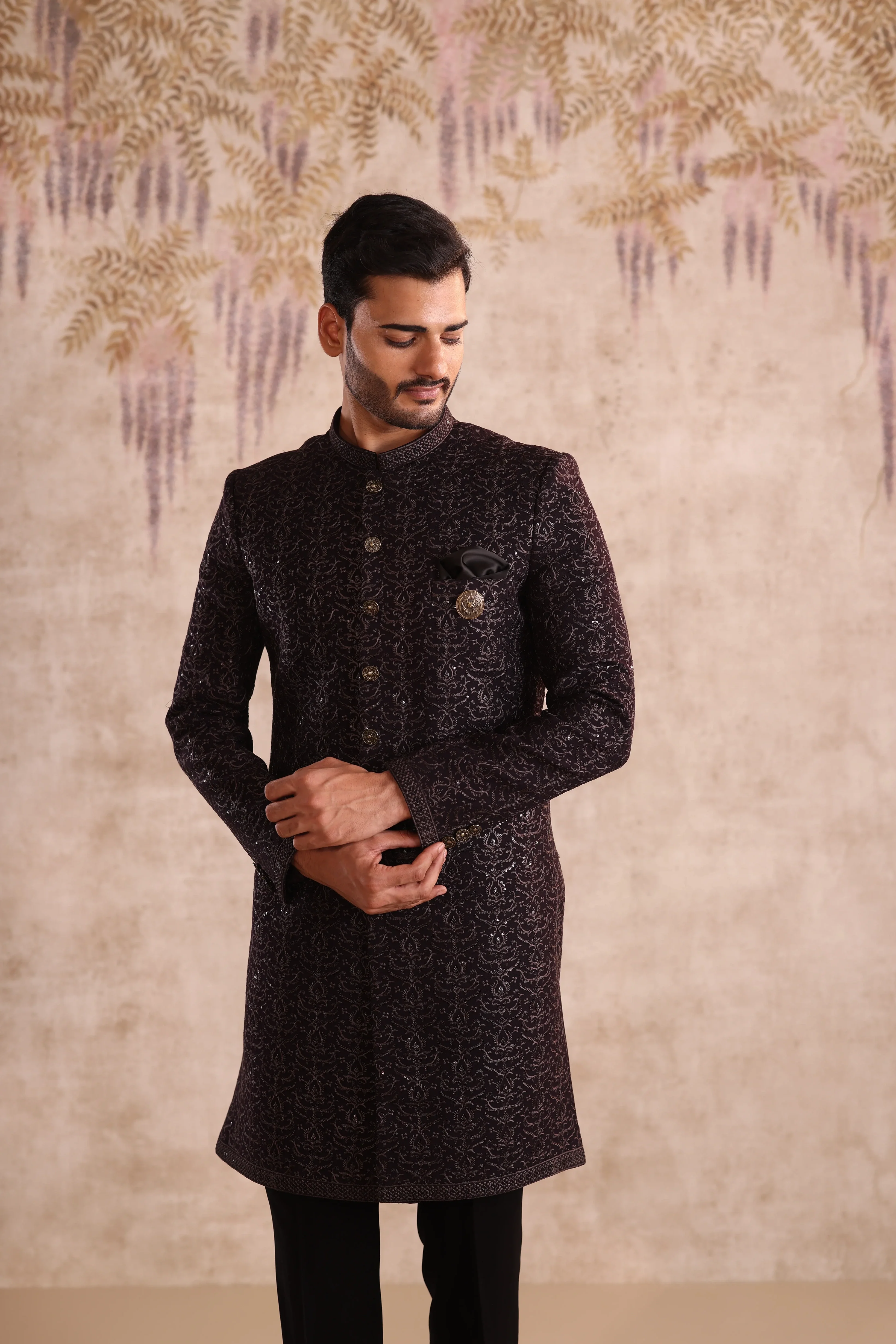 Deep Purple embroidered indo western with button detailing - Image 3