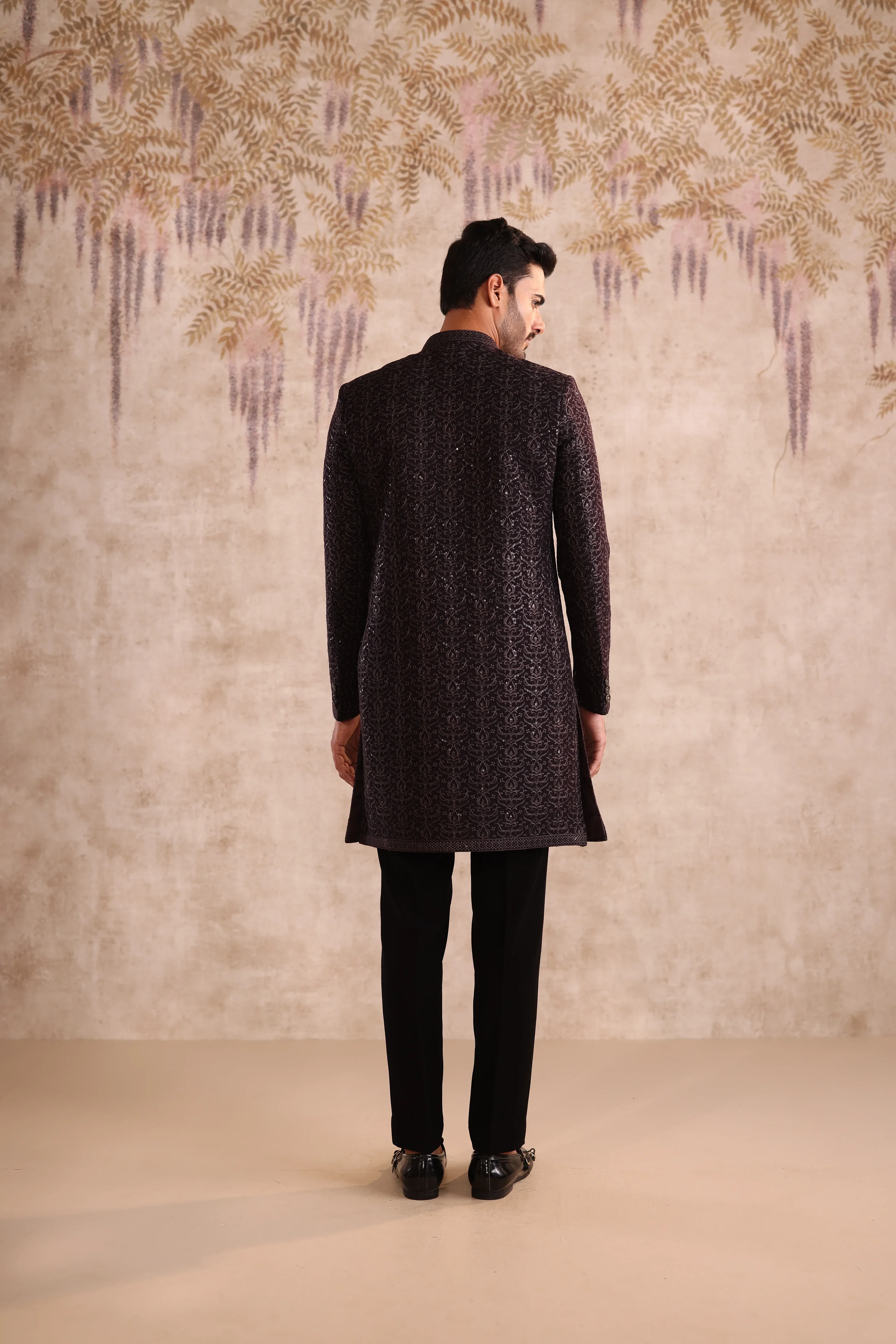 Deep Purple embroidered indo western with button detailing - Image 4