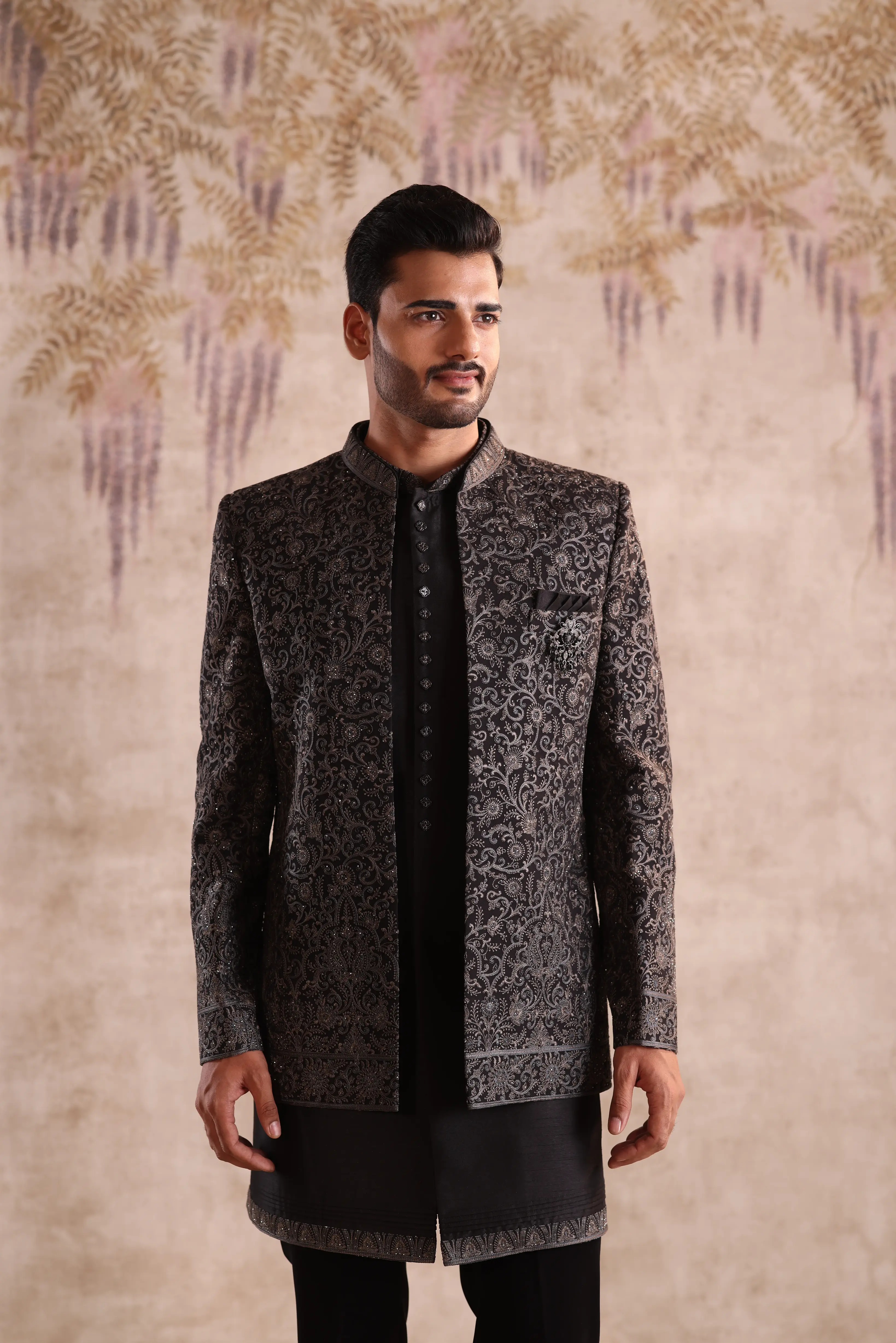 Black Jacquard Indo Western for Men - Image 3