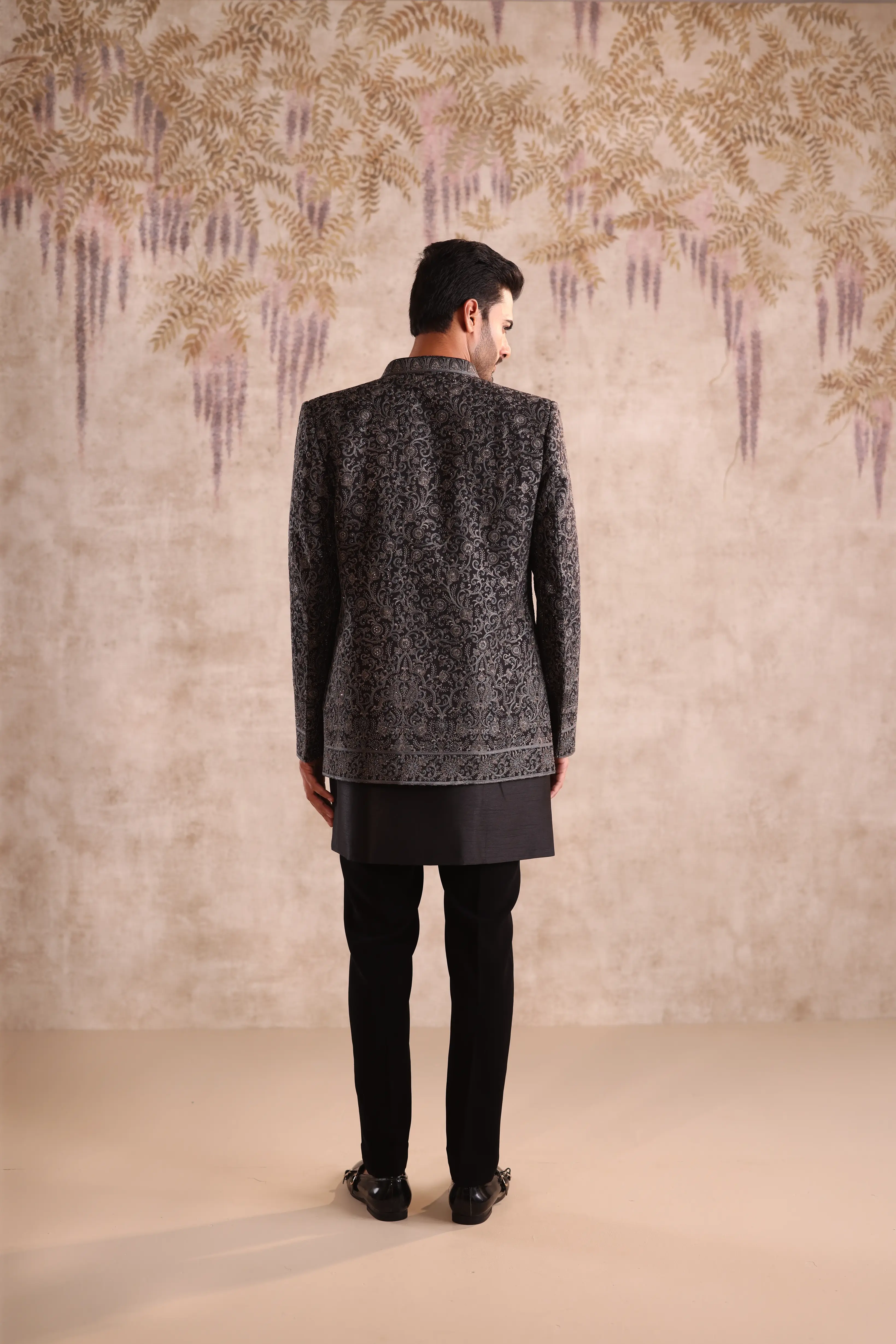 Black Jacquard Indo Western for Men - Image 4