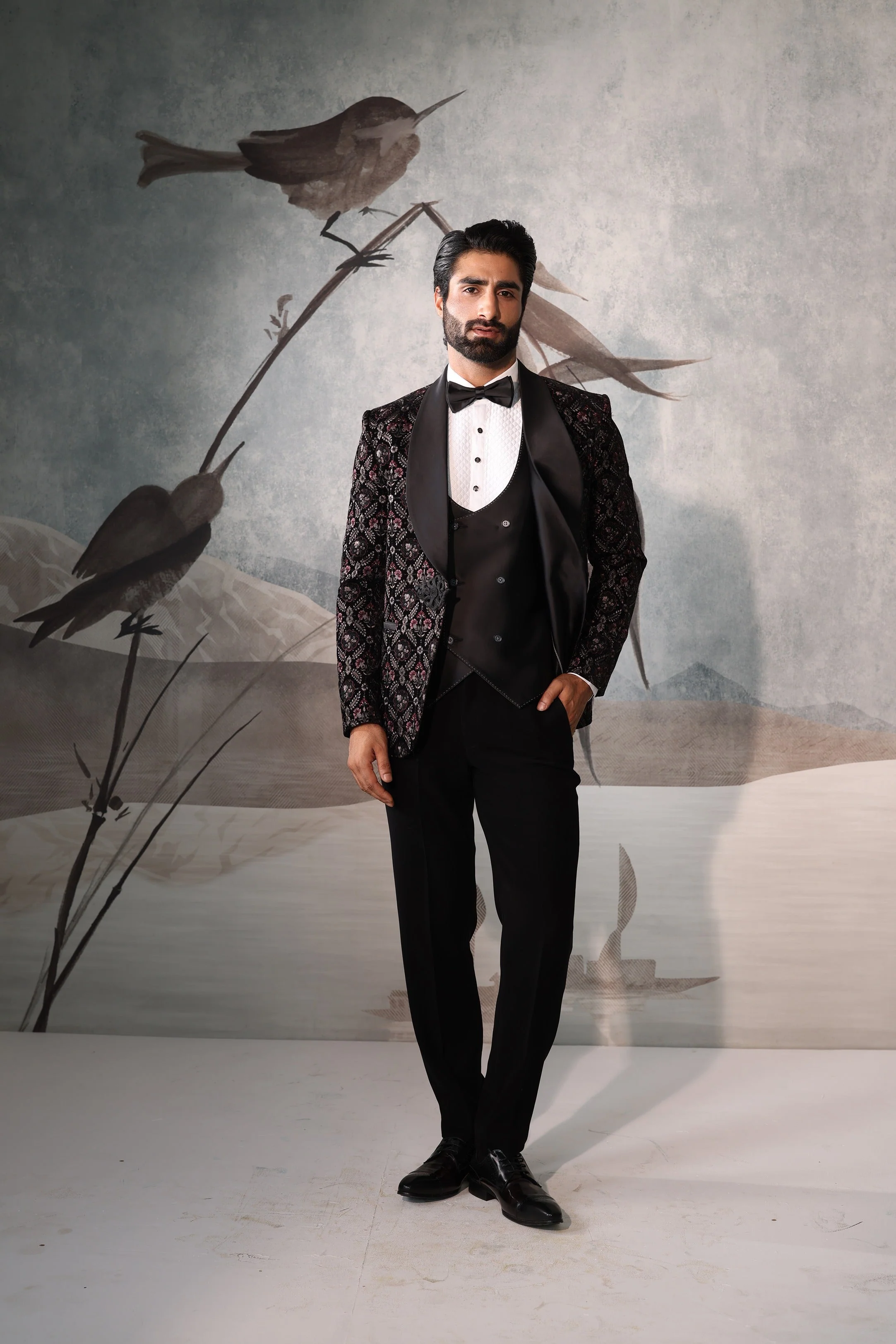 Black Men tuxedo with Floral Design - Image 2