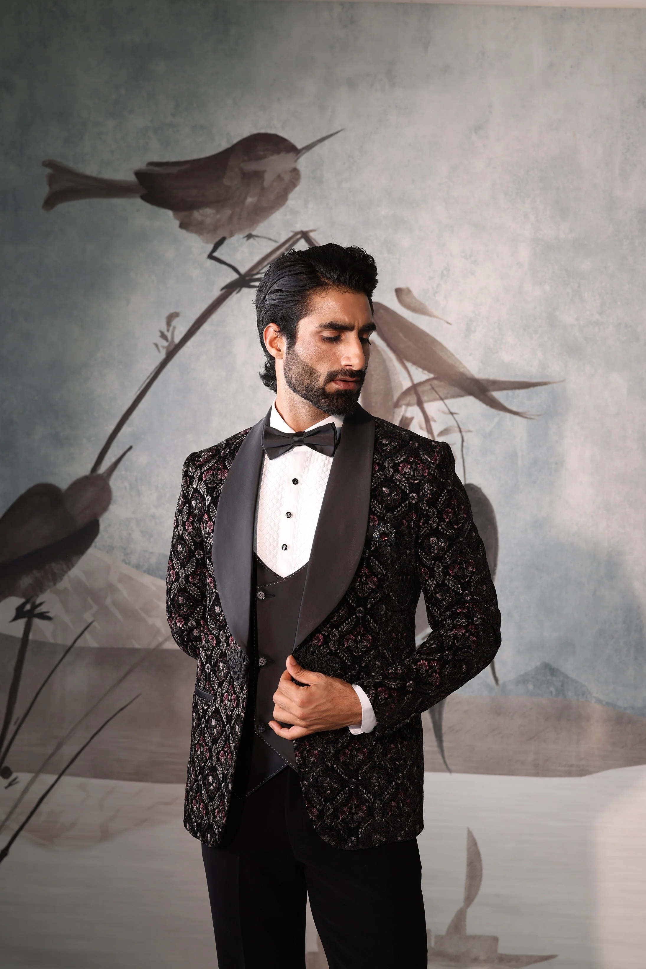 Black Men tuxedo with Floral Design - Image 3