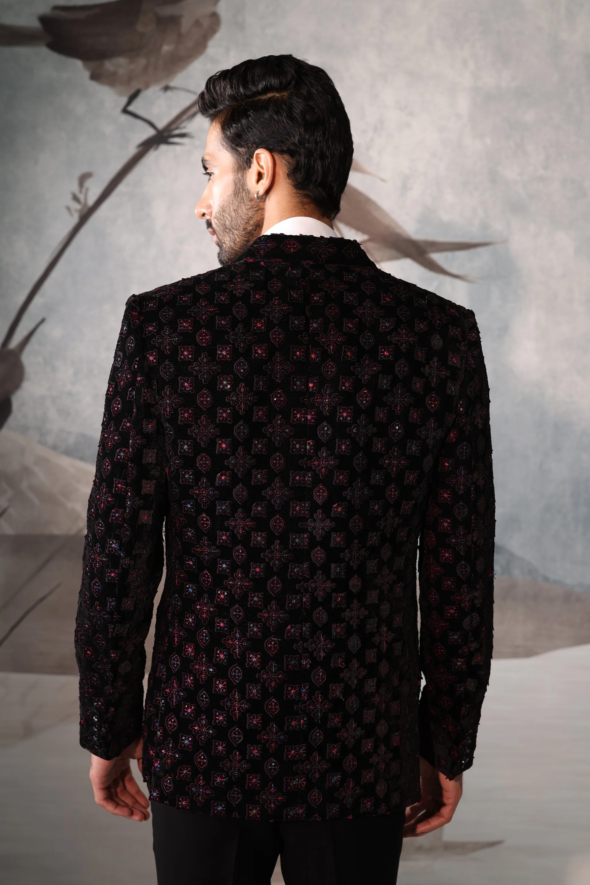 Black  mens Tuxedo with purple Applique work - Image 3
