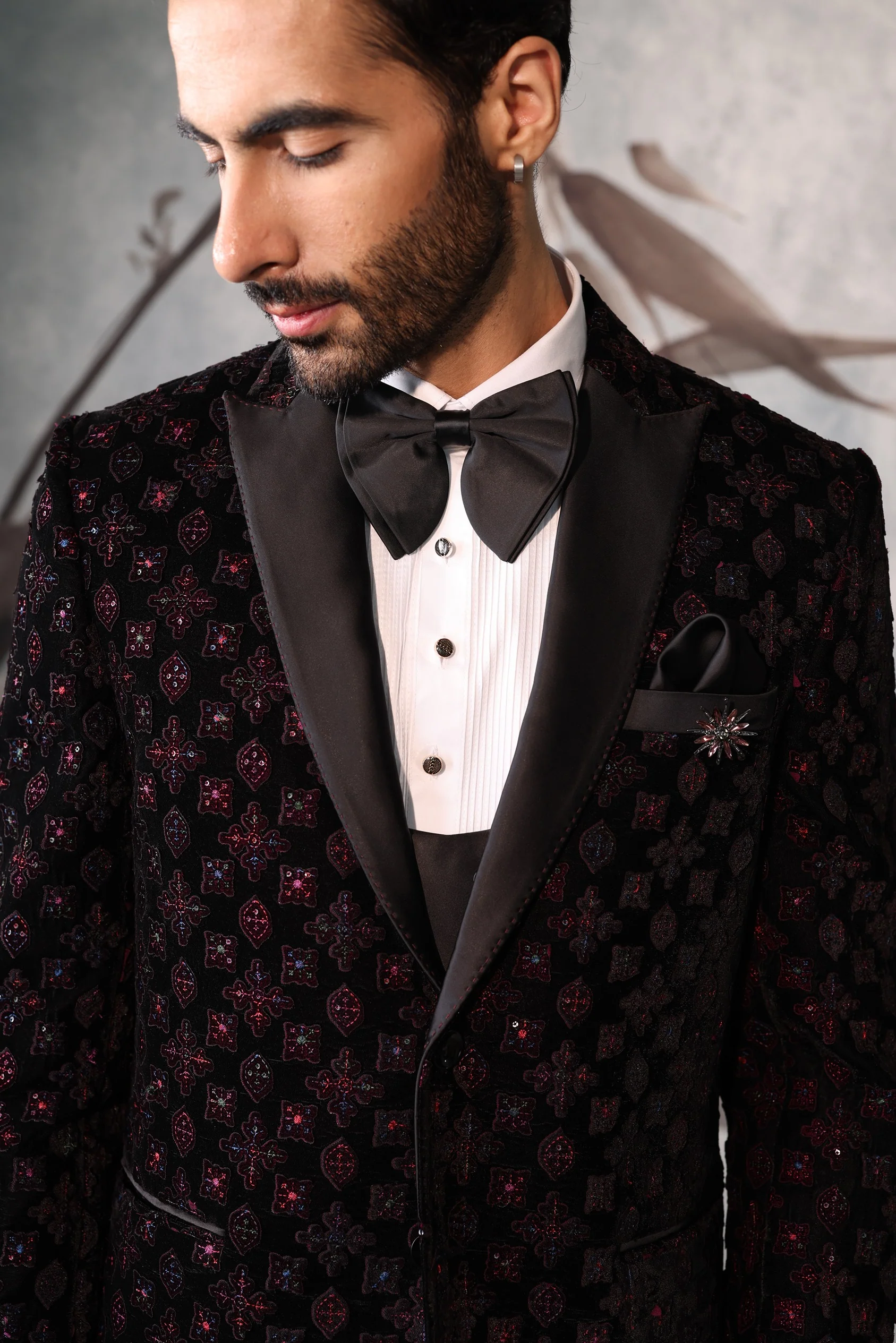 Black  mens Tuxedo with purple Applique work - Image 4