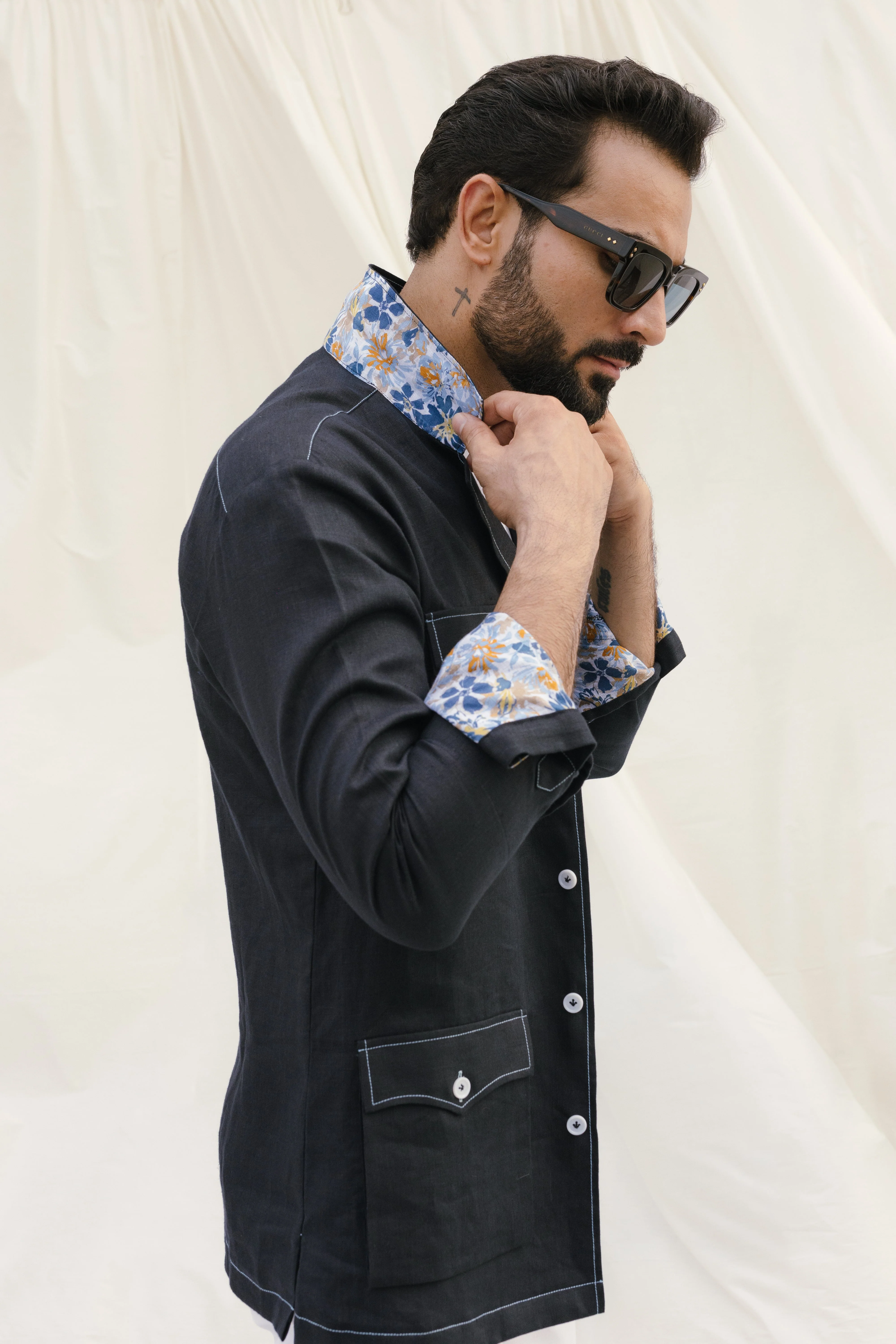 Black safari shirt with white contrast stitch and floral detail - Image 2