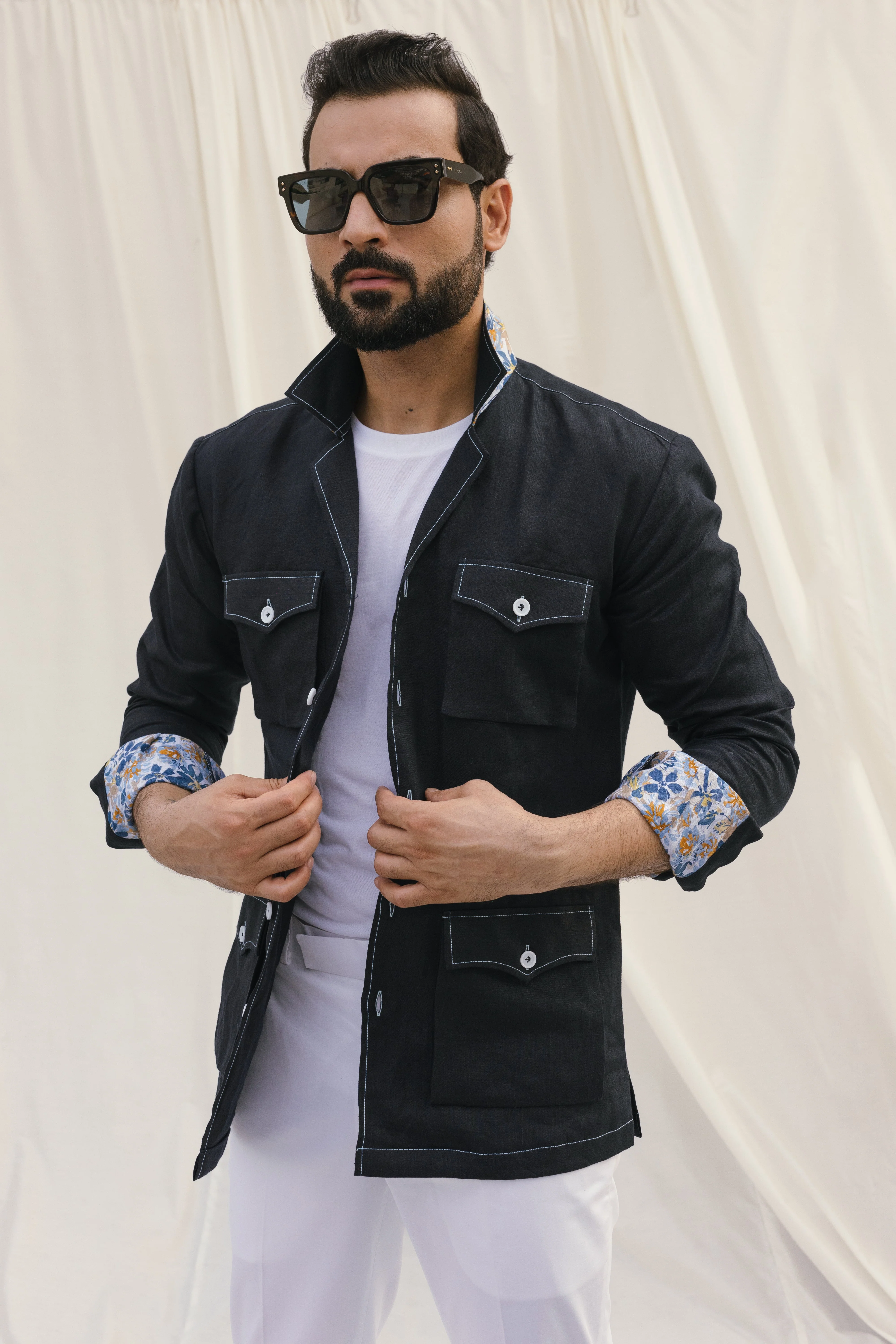 Black safari shirt with white contrast stitch and floral detail - Image 3