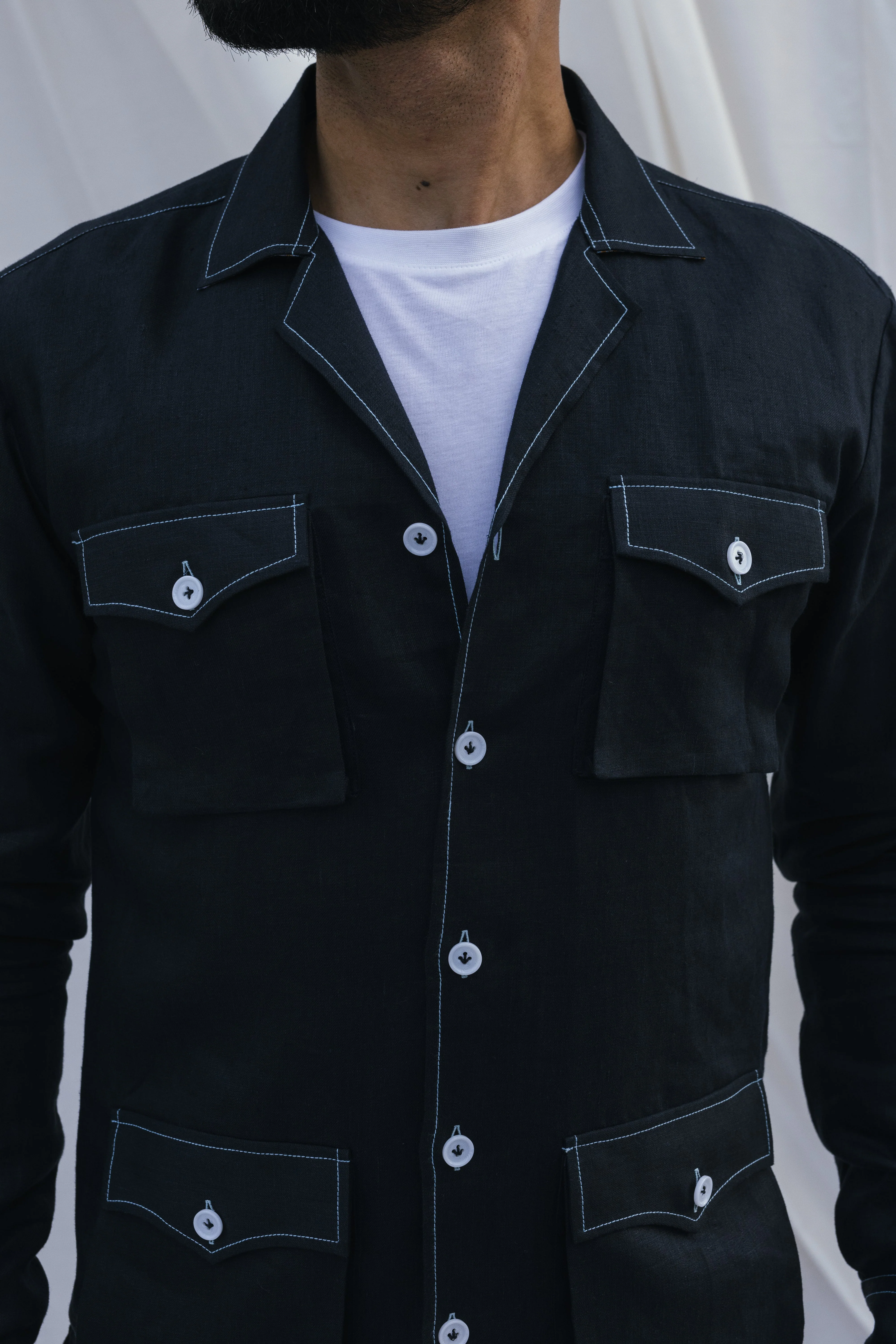 Black safari shirt with white contrast stitch and floral detail - Image 4
