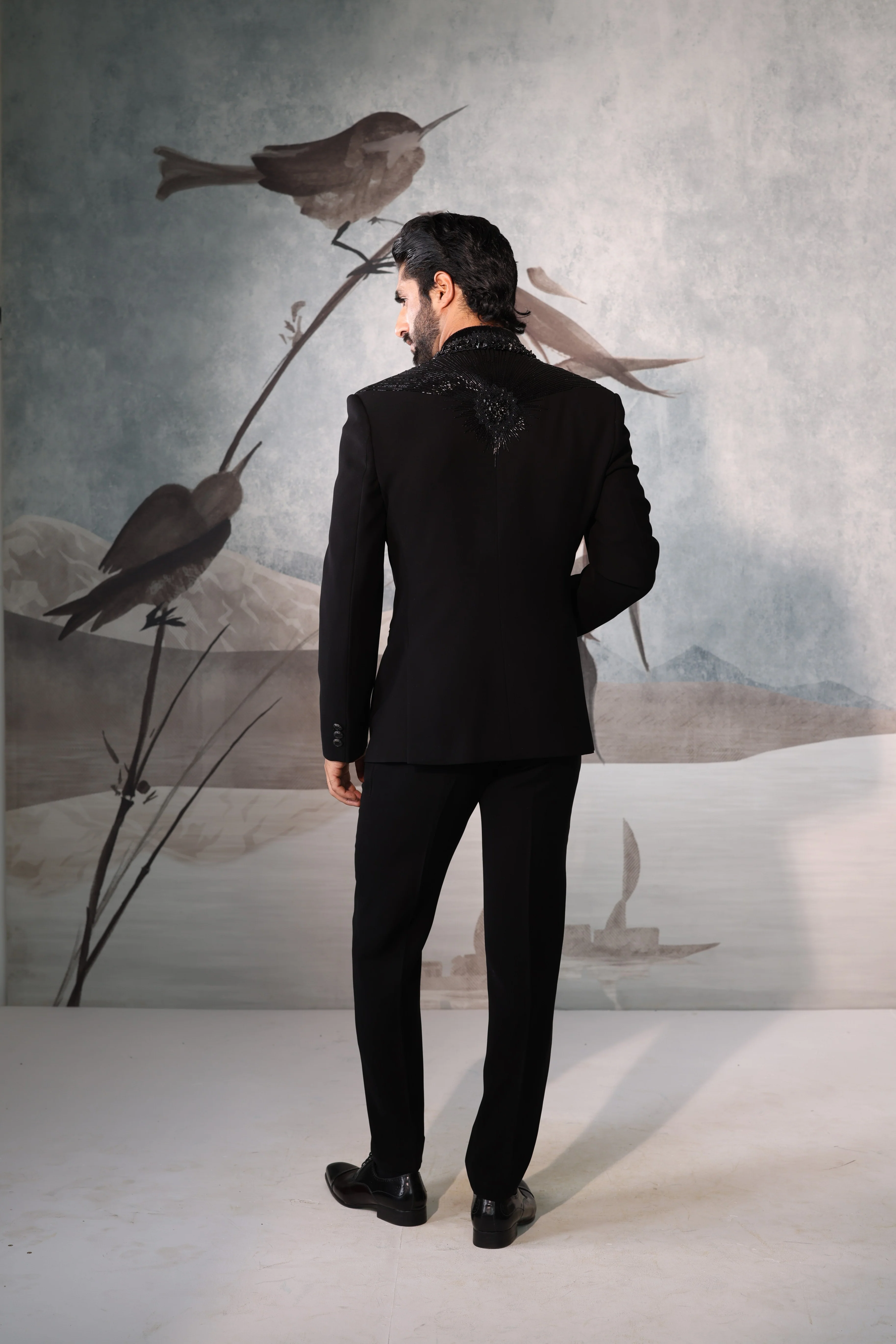 Black tuxedo with collar embroidery and embroidery work - Image 2