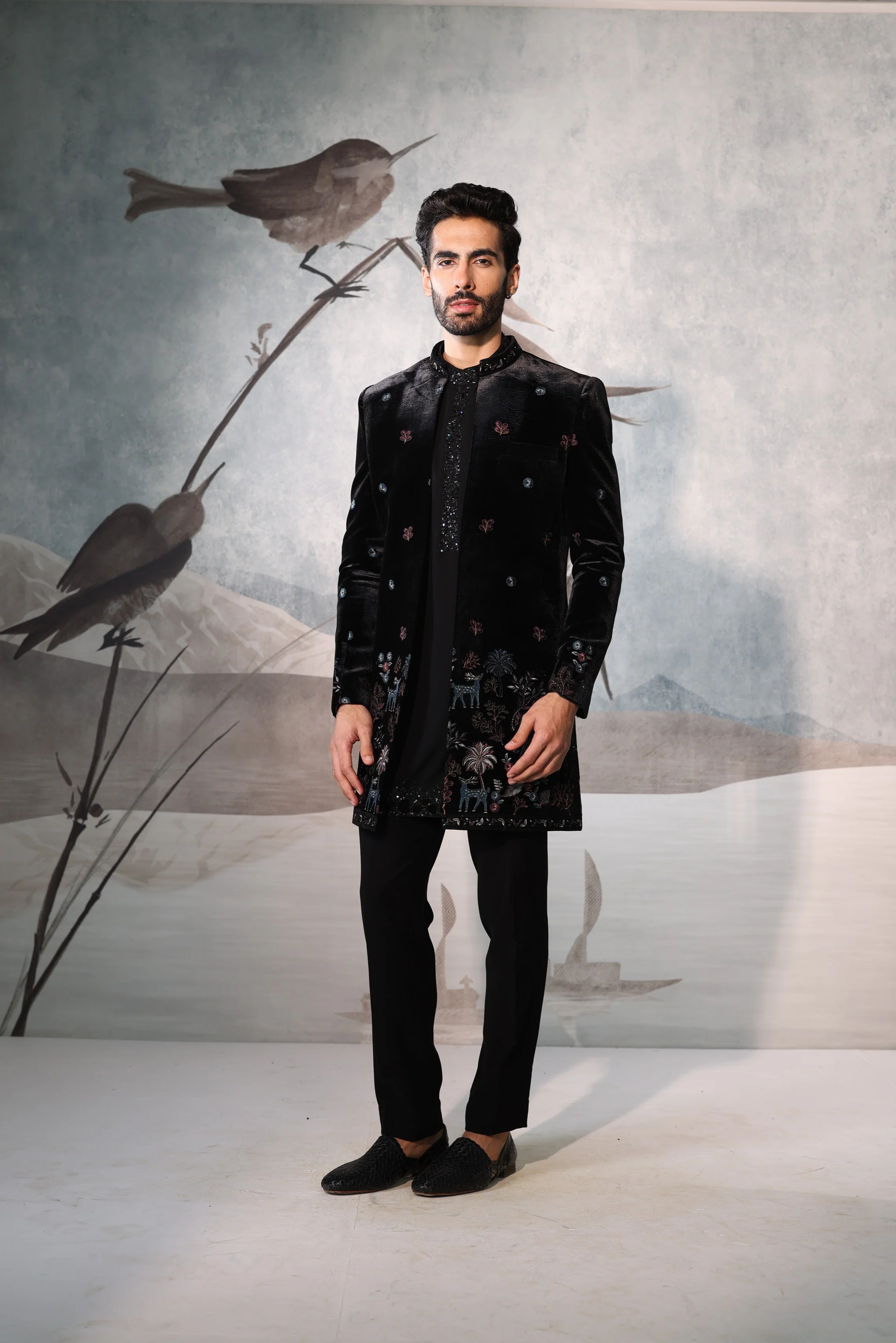 Black velvet colourful thread work indowestern with kurta placket embroidery work - Image 2
