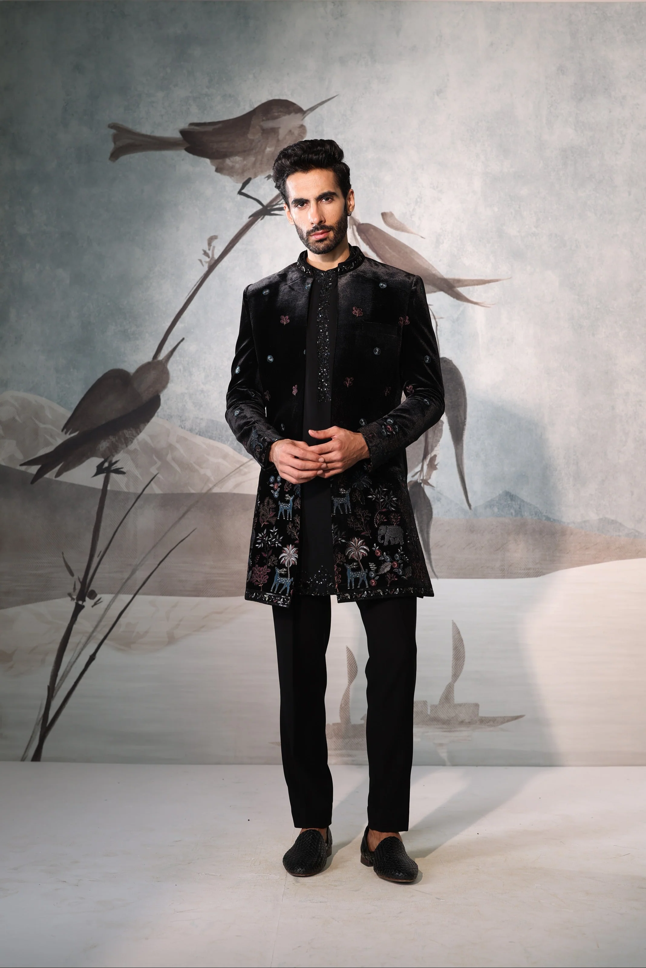 Black velvet colourful thread work indowestern with kurta placket embroidery work - Image 3